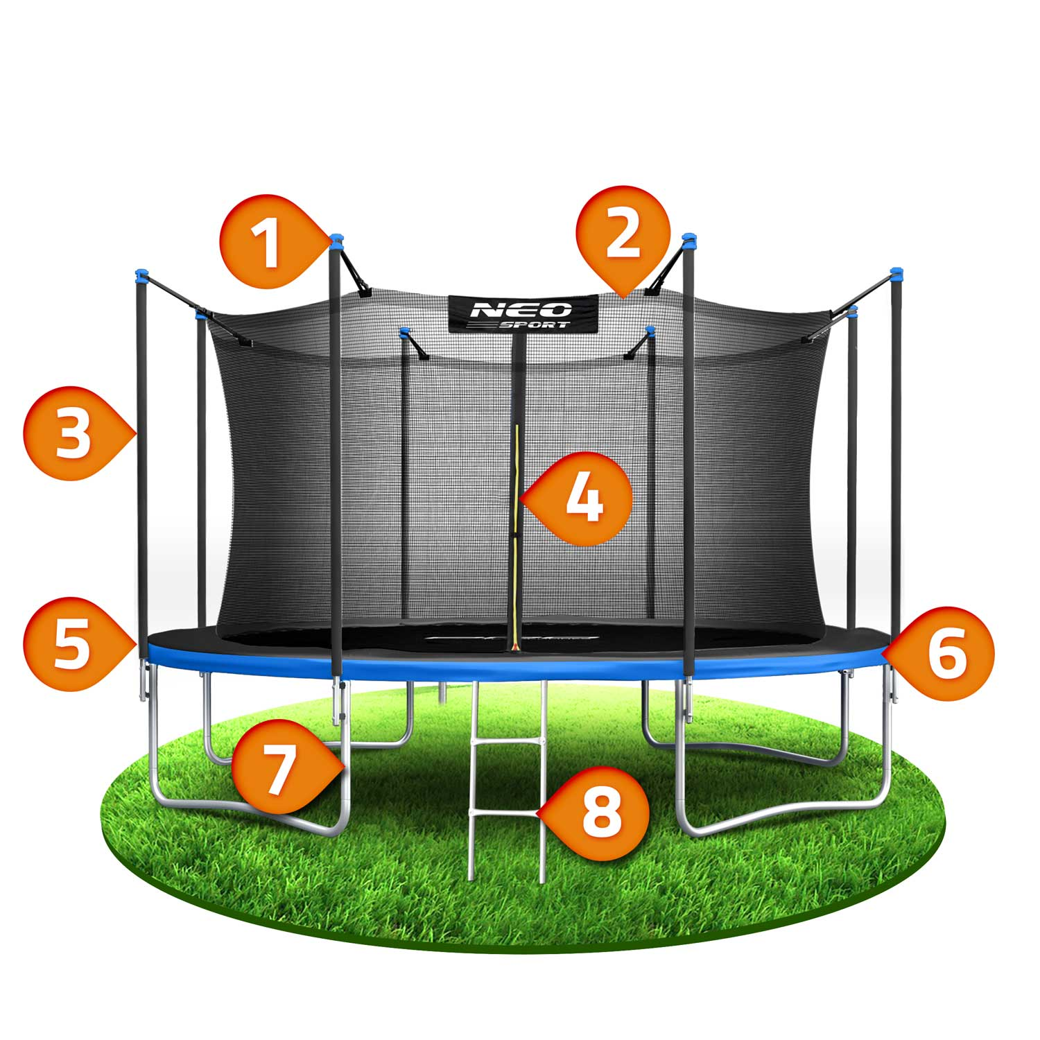 Trampolina z czarną siatką, niebieską ramą i srebrnymi nogami stoi na zielonej trawie. Ma drabinę i logo z napisem NEO SPORT.