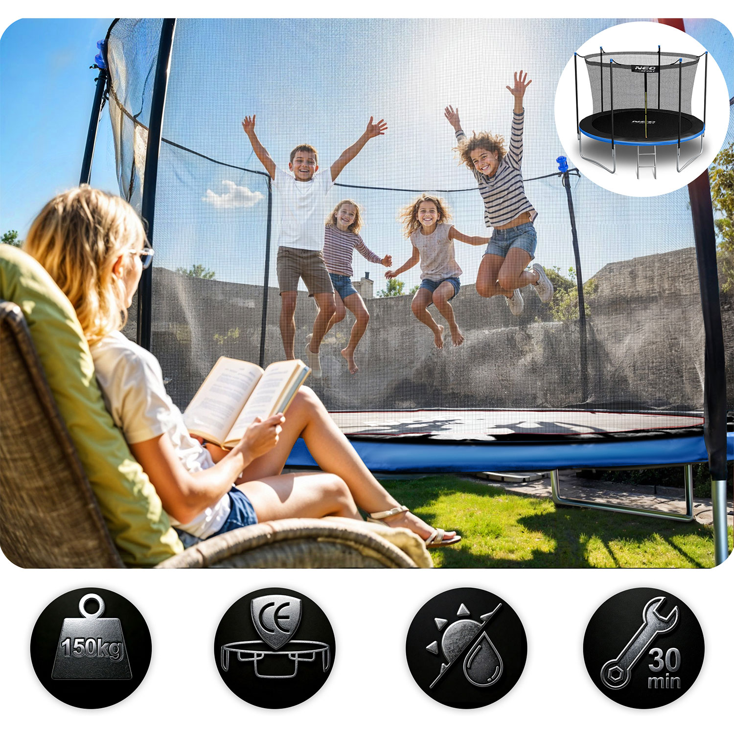Kobieta czyta książkę, a dzieci skaczą na trampolinie. Ikony pokazują wagę, znak CE, ochronę przed UV i czas montażu.