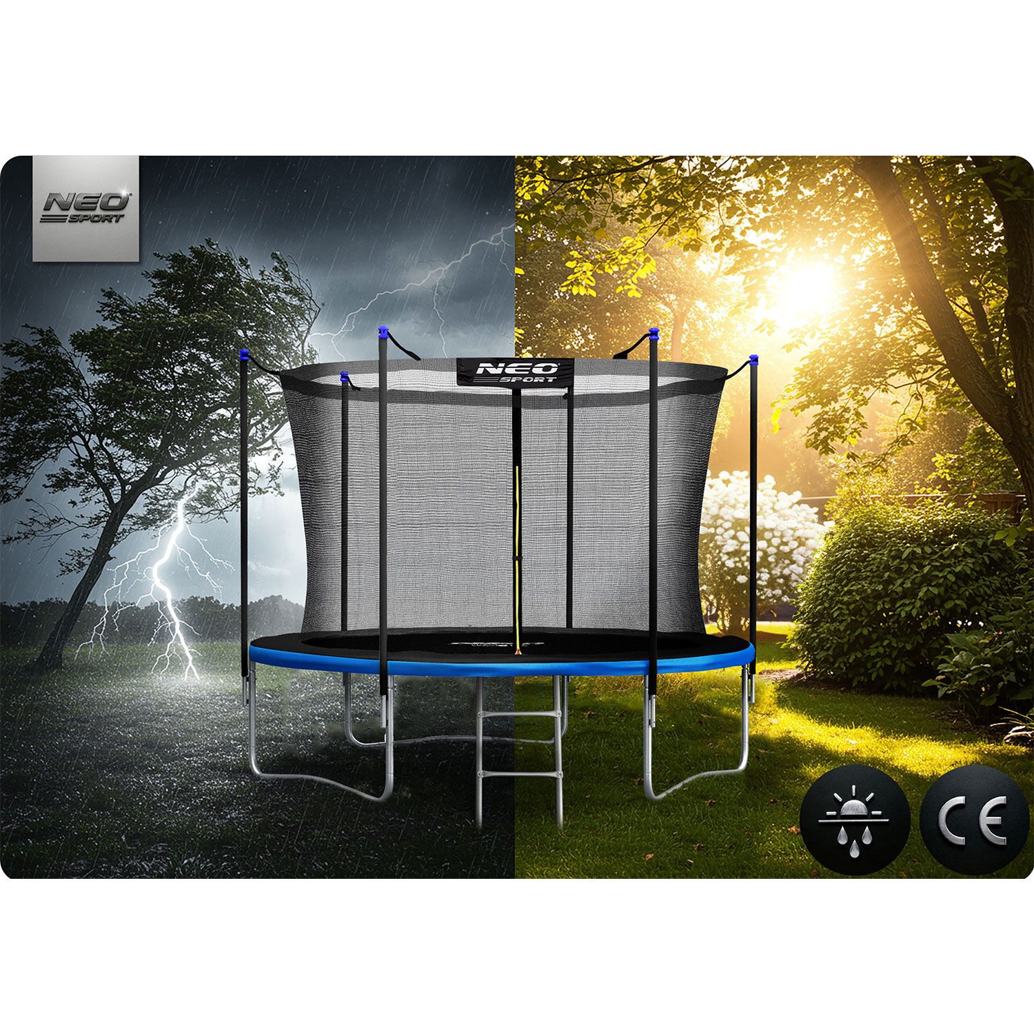 Trampolina, podzielona scena: burzliwa po lewej, słoneczna po prawej. Pokazuje deszcz, błyskawice i słońce. Posiada czarną siatkę, niebieską ramę i metalowe nogi.