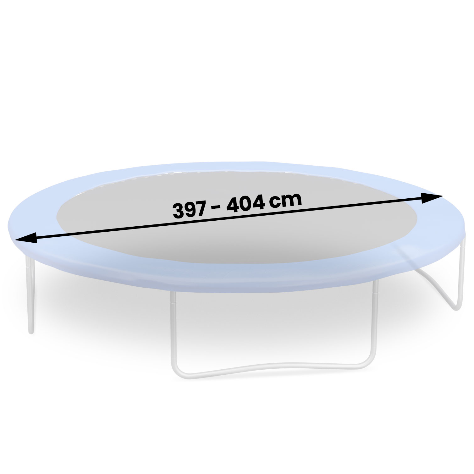Owalna trampolina, jasnoniebieska obręcz, szara powierzchnia do skakania, białe nogi. Średnica jest wskazana czarną strzałką i wynosi 397-404 cm.