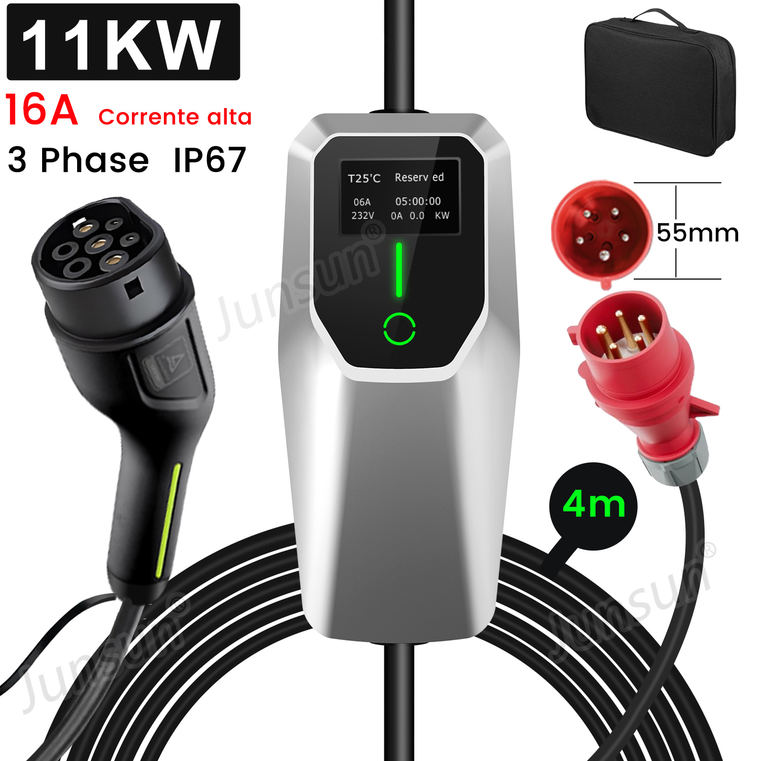 Un caricabatterie per veicoli elettrici con potenza di 11KW, 16A, 3 fasi e grado di protezione IP67. Include spine, un display e una custodia nera.