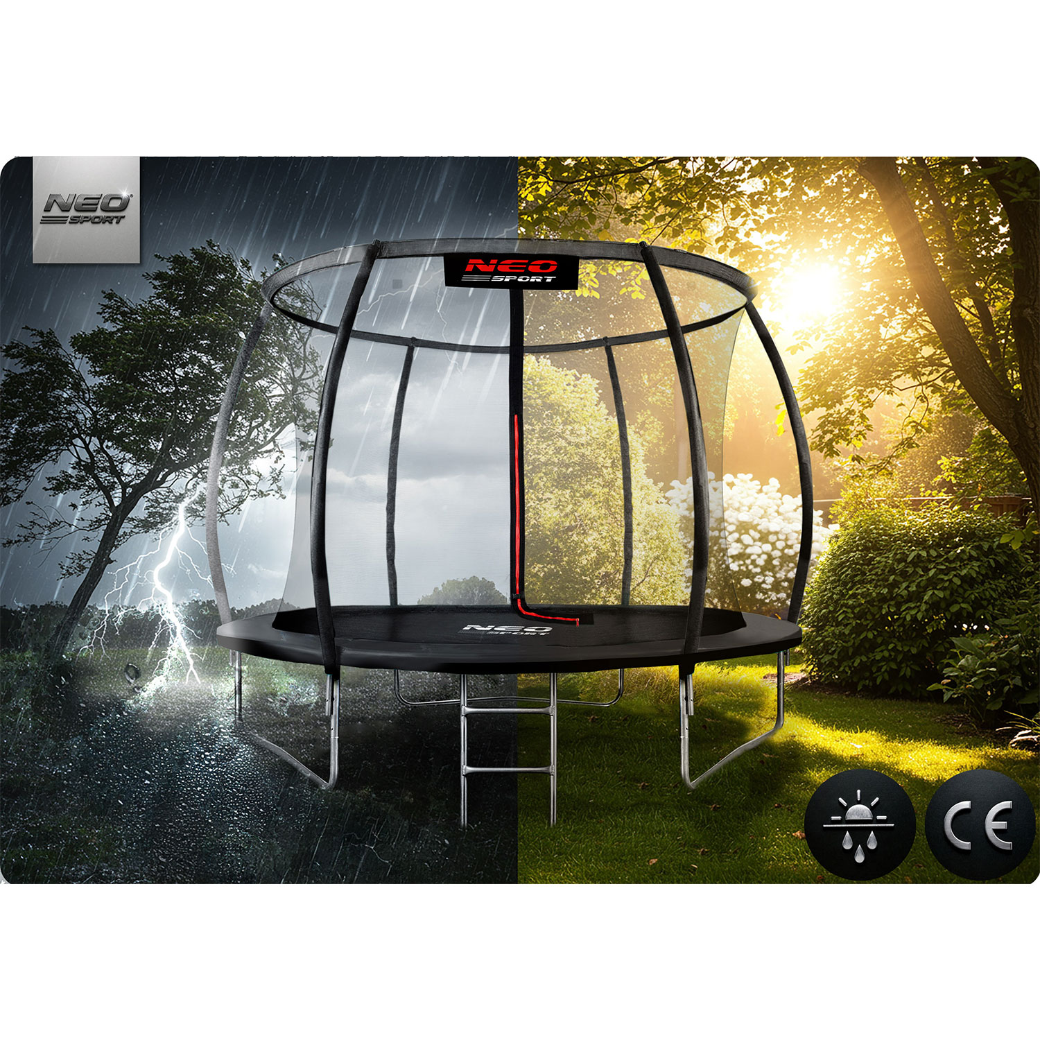 Trampolina z siatką ochronną pokazana jest w dwóch kontrastujących scenach: burzliwa pogoda i słoneczny ogród. Ma czerwony akcent i drabinę.