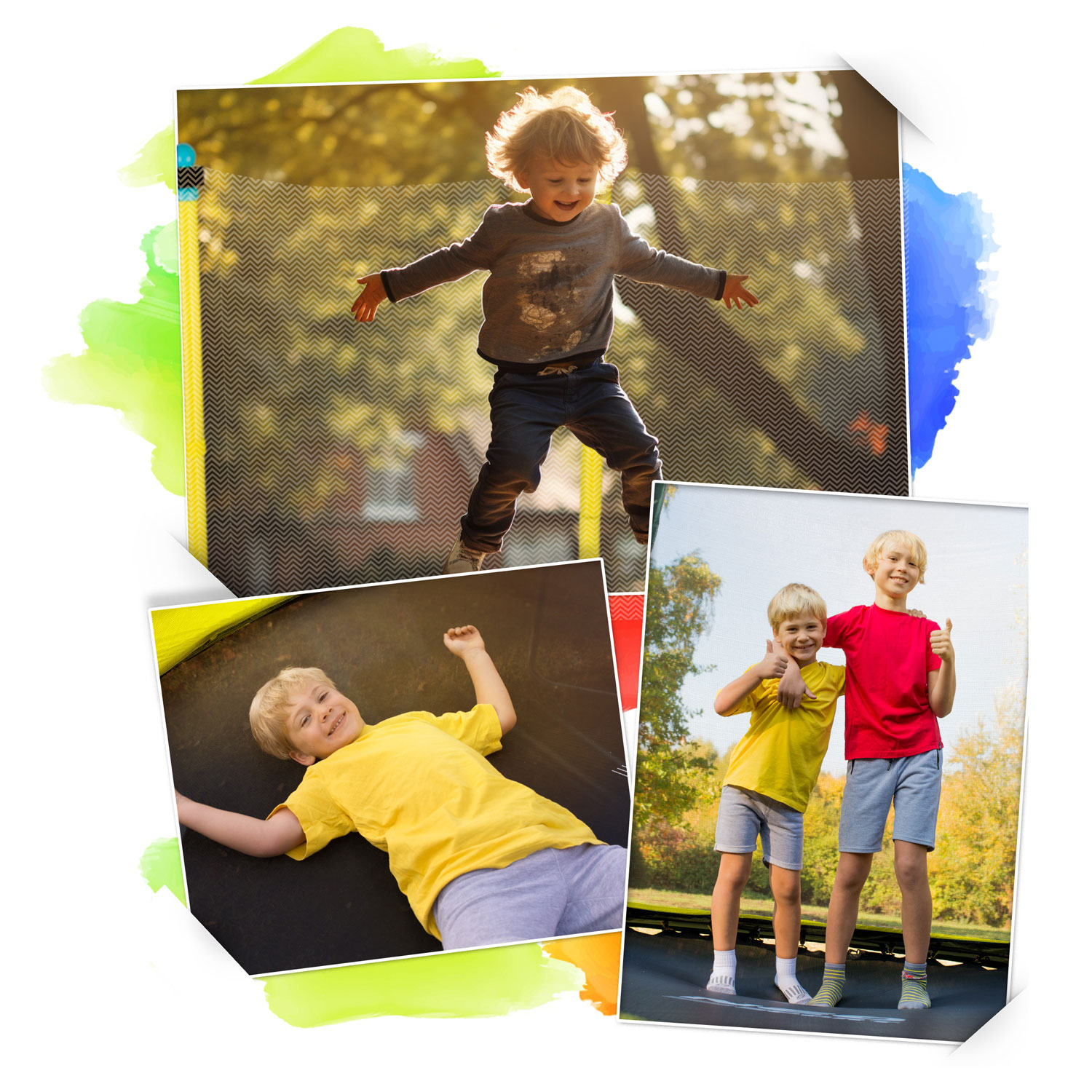 Kolaż dzieci na trampolinie. Jedno dziecko skacze, drugie leży, a dwóch pozostałych pokazuje kciuki w górę.