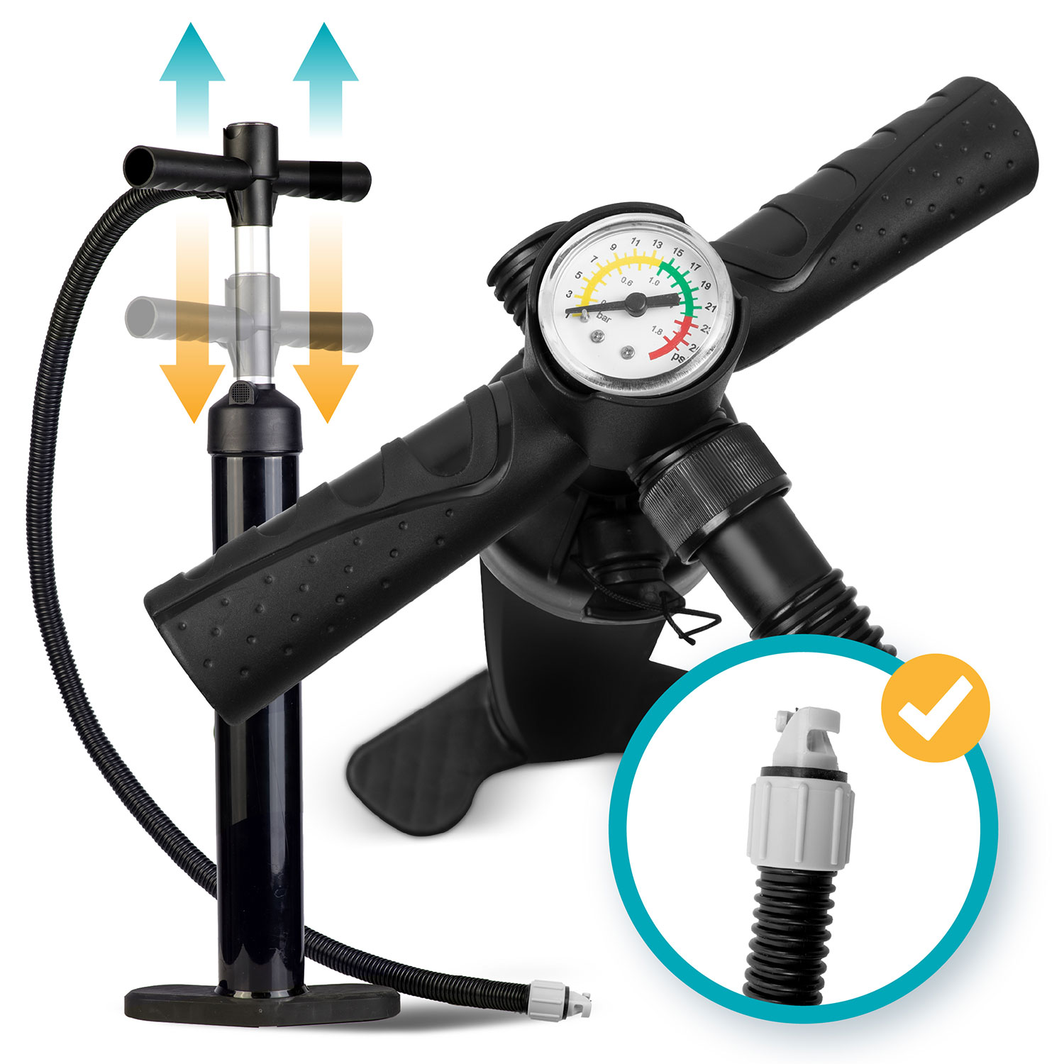 Pompka powietrza z manometrem i wężem. Posiada uchwyt w kształcie litery T, okrągły manometr i wstawiony obraz zaworu ze znakiem wyboru.