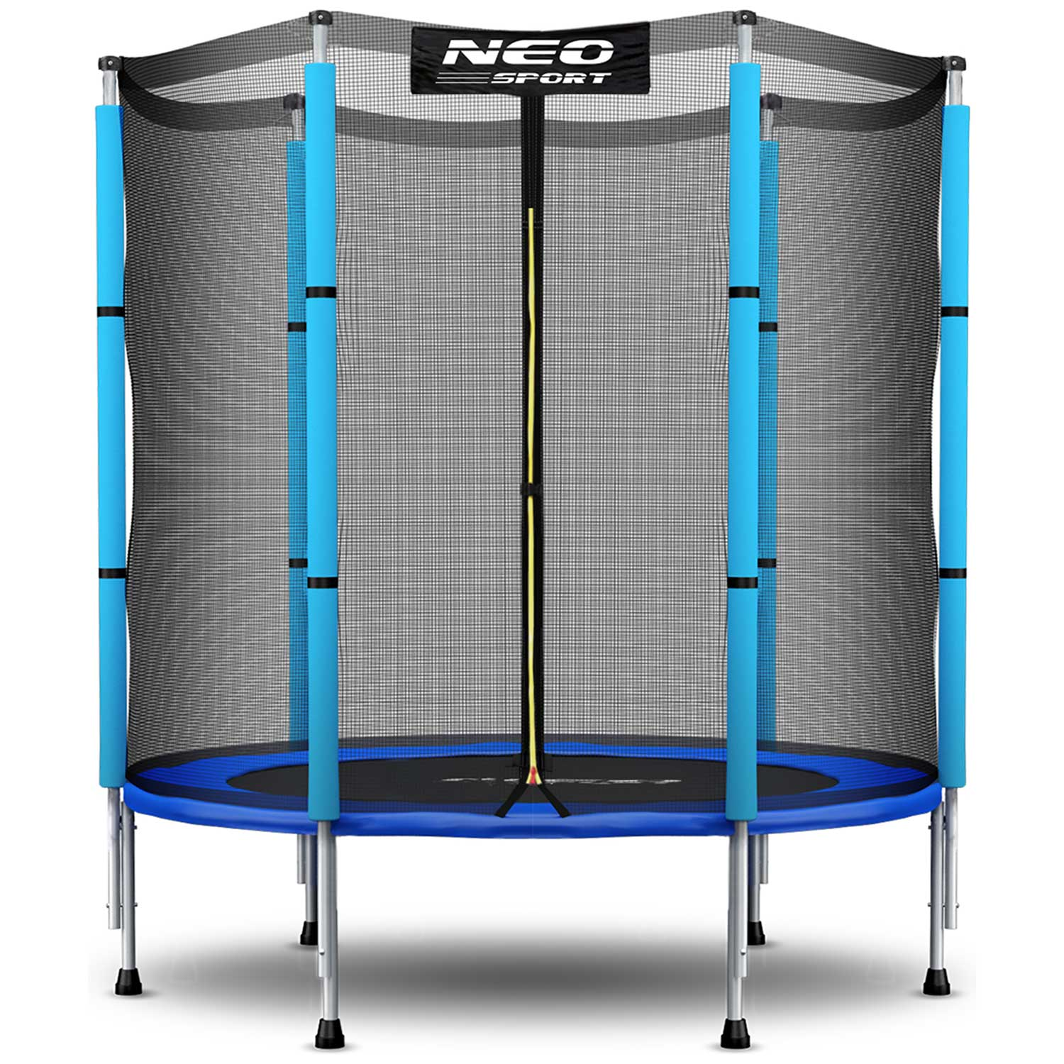 Niebiesko-czarna trampolina z siatką ochronną. Ma niebieskie słupki i czarną powierzchnię do skakania, z logo marki na górze.