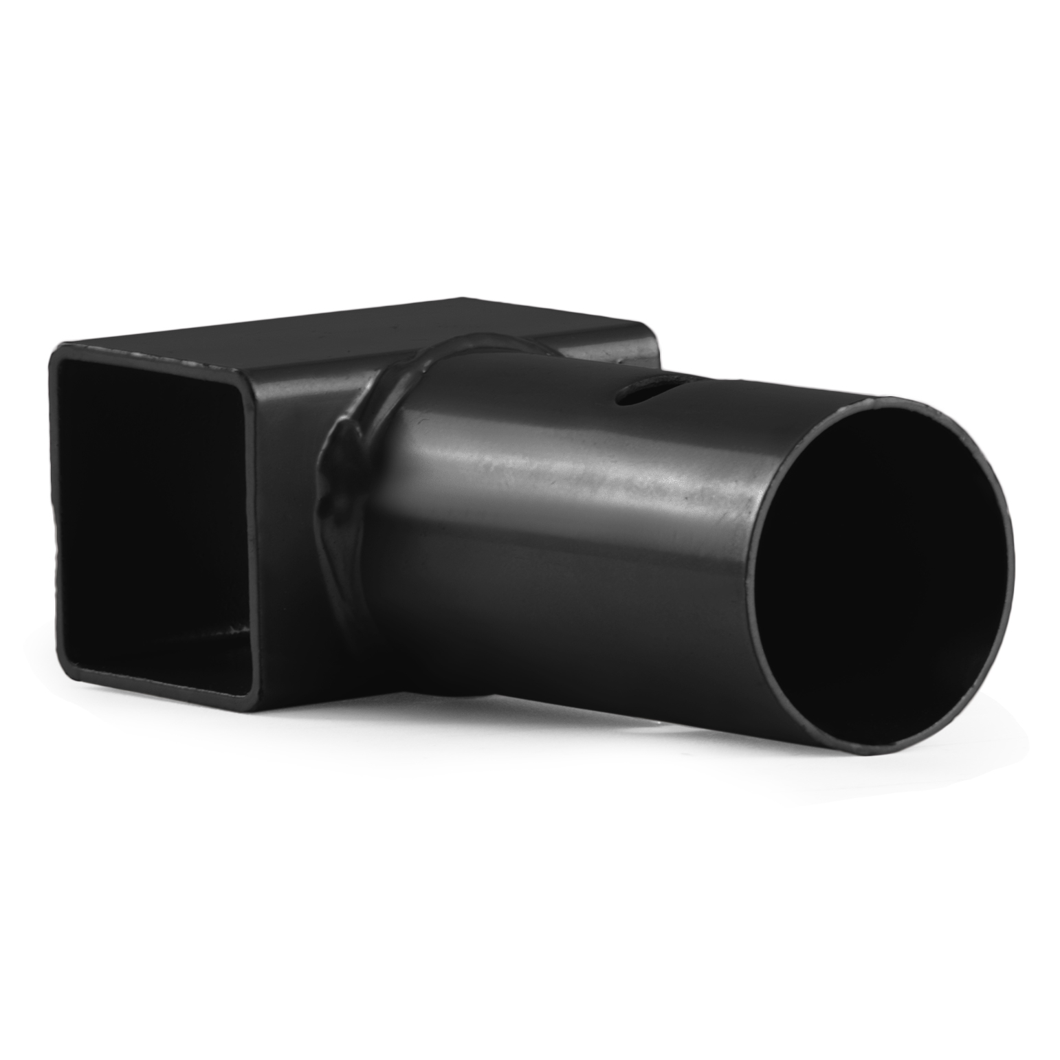 Czarny metalowy adapter z kwadratowym końcem i cylindrycznym końcem, na białym tle.