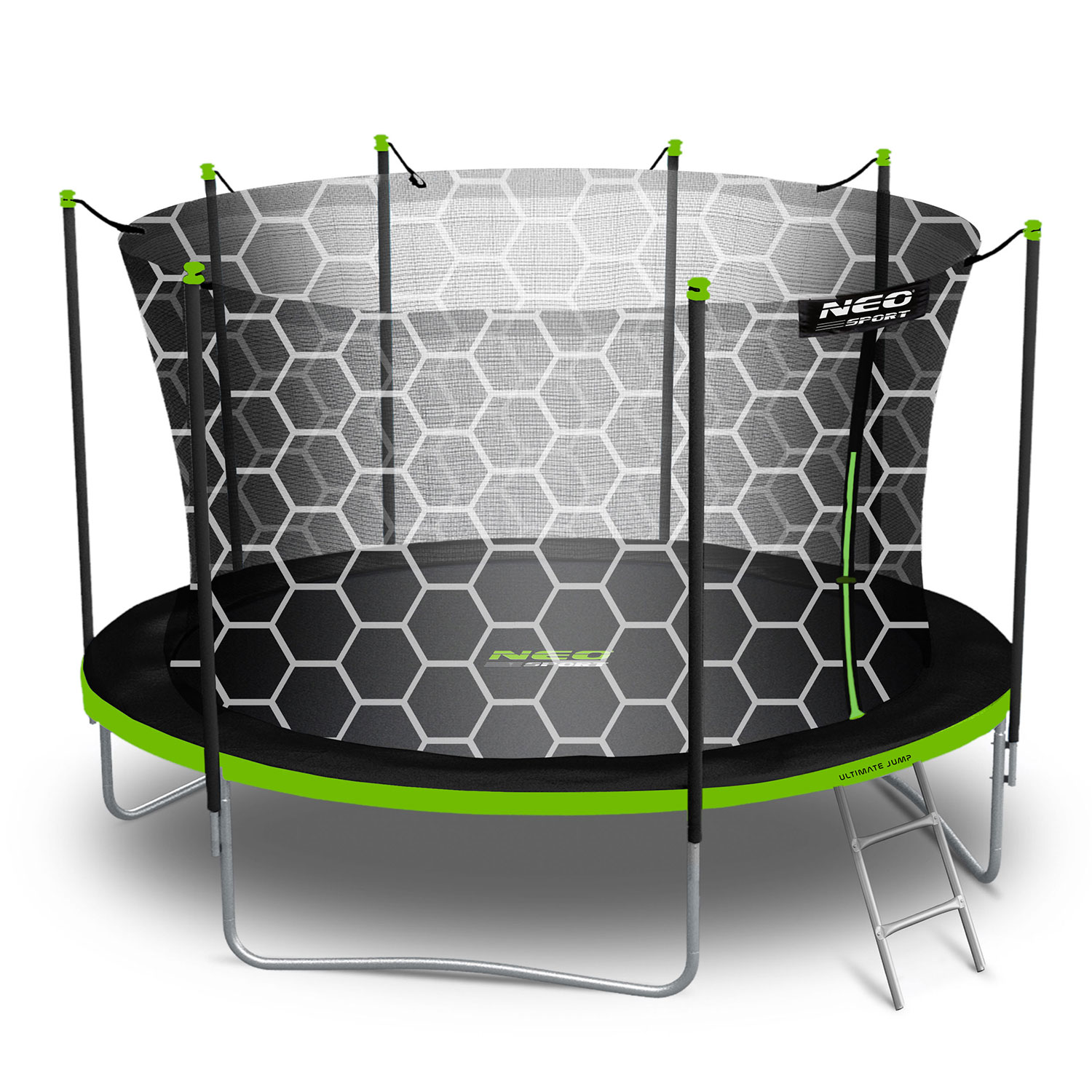 Trampolina z czarno-białą sześciokątną siatką zabezpieczającą. Rama jest czarna, krawędź zielona. Mała drabina z boku.