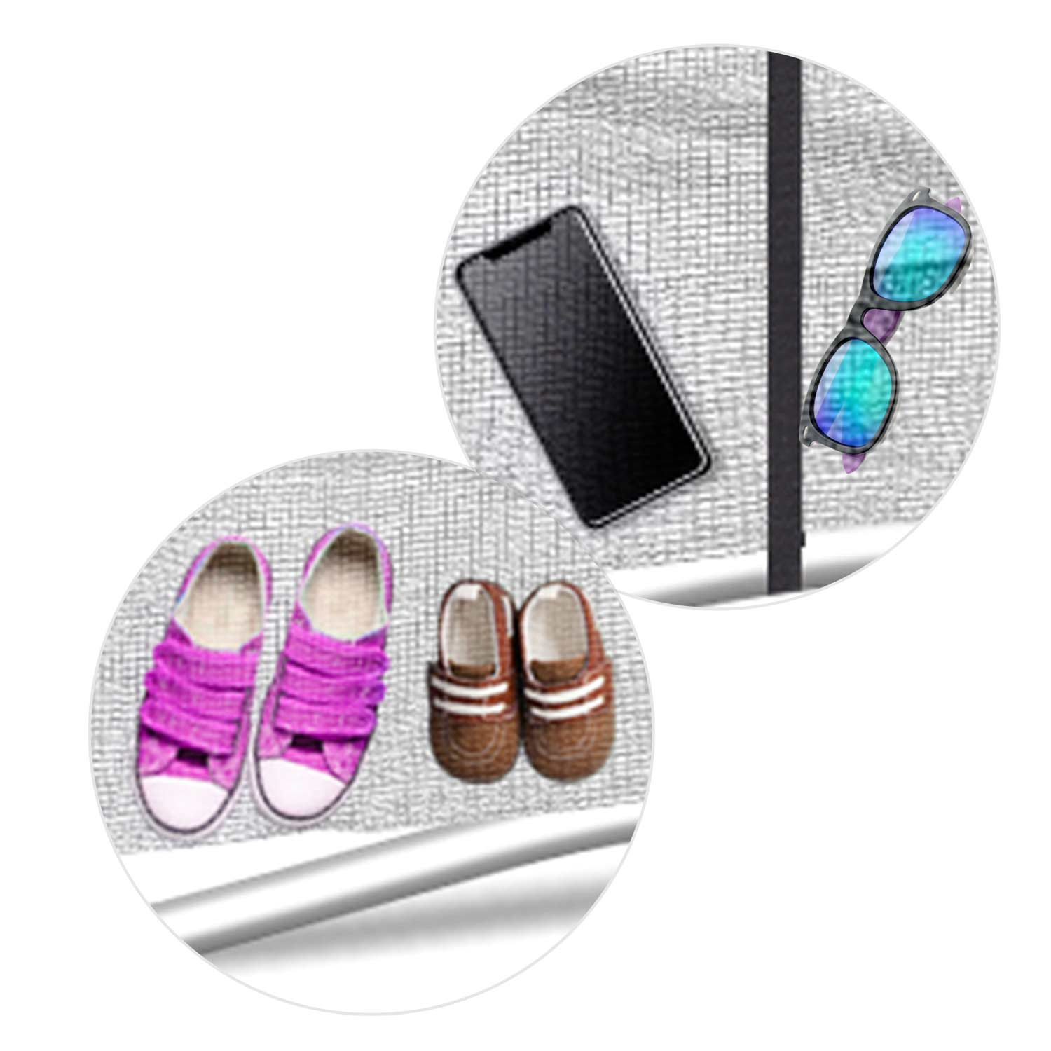 Koła zawierają obiekty: fioletowe trampki, brązowe buty, czarny telefon i okulary przeciwsłoneczne. Wszystkie elementy są na teksturowanej szarej powierzchni.