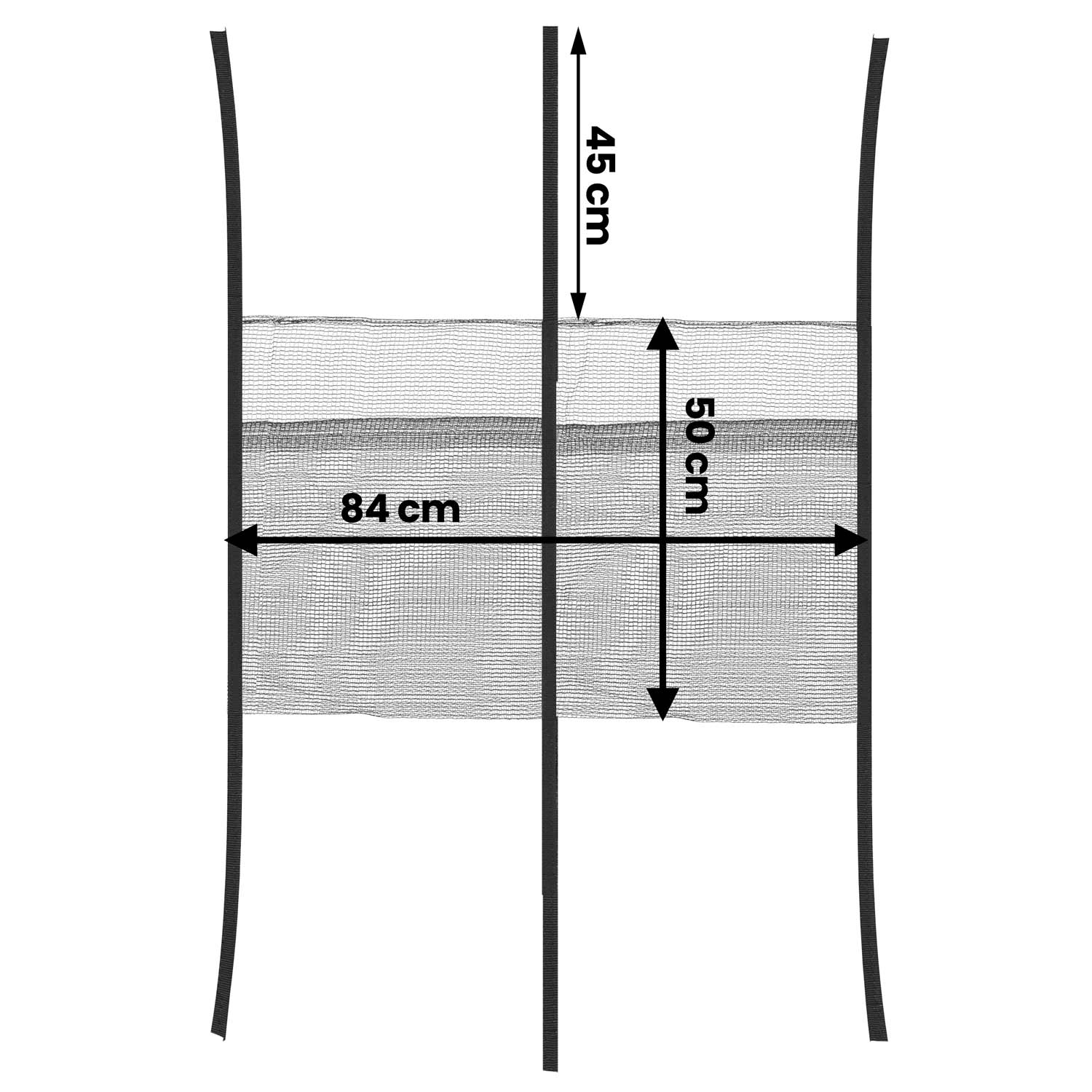Czarny prostokąt z siatki, o szerokości 84 cm i wysokości 50 cm, ze wymiarami. Dwa czarne pionowe paski flankują siatkę.