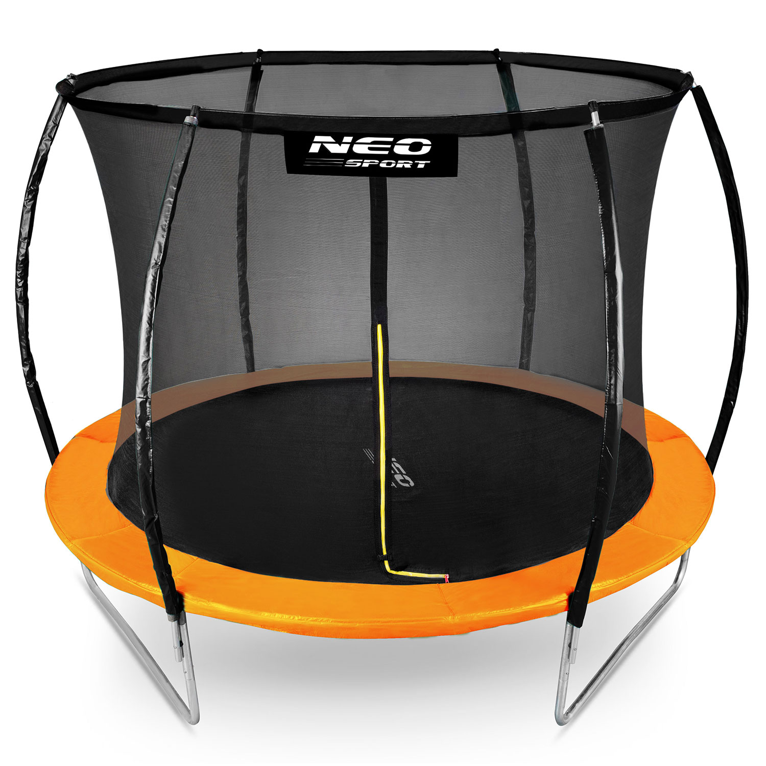 Trampolina z pomarańczową obwódką, czarną siatką i srebrnymi nogami. Widoczne logo Neo Sport.
