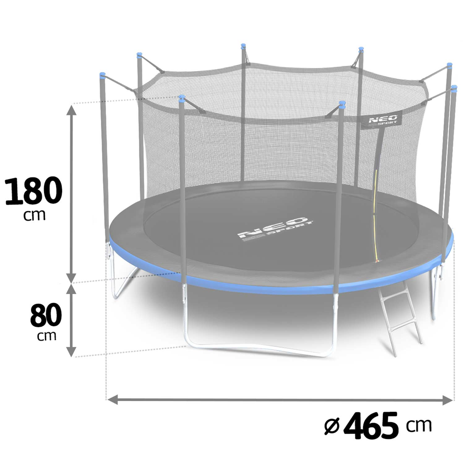 Trampolina z siatką zabezpieczającą. Ma szarą powierzchnię do skakania, niebieskie obramowanie i drabinę. Wymiary podane w cm.