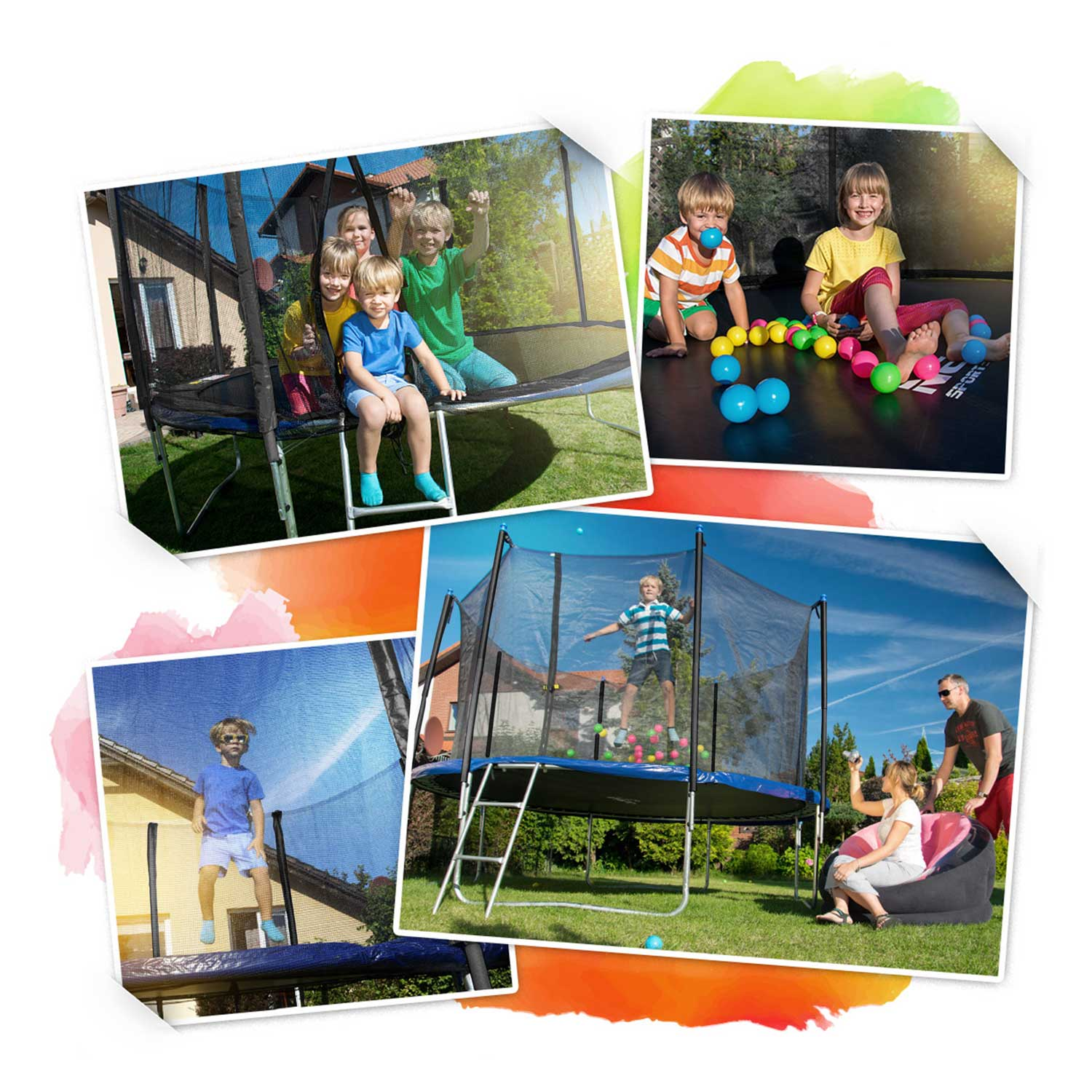 Dzieci na trampolinie, niektóre w środku, inne na zewnątrz. Różne aktywności obejmują skakanie, zabawę piłkami i nadzór rodziców.