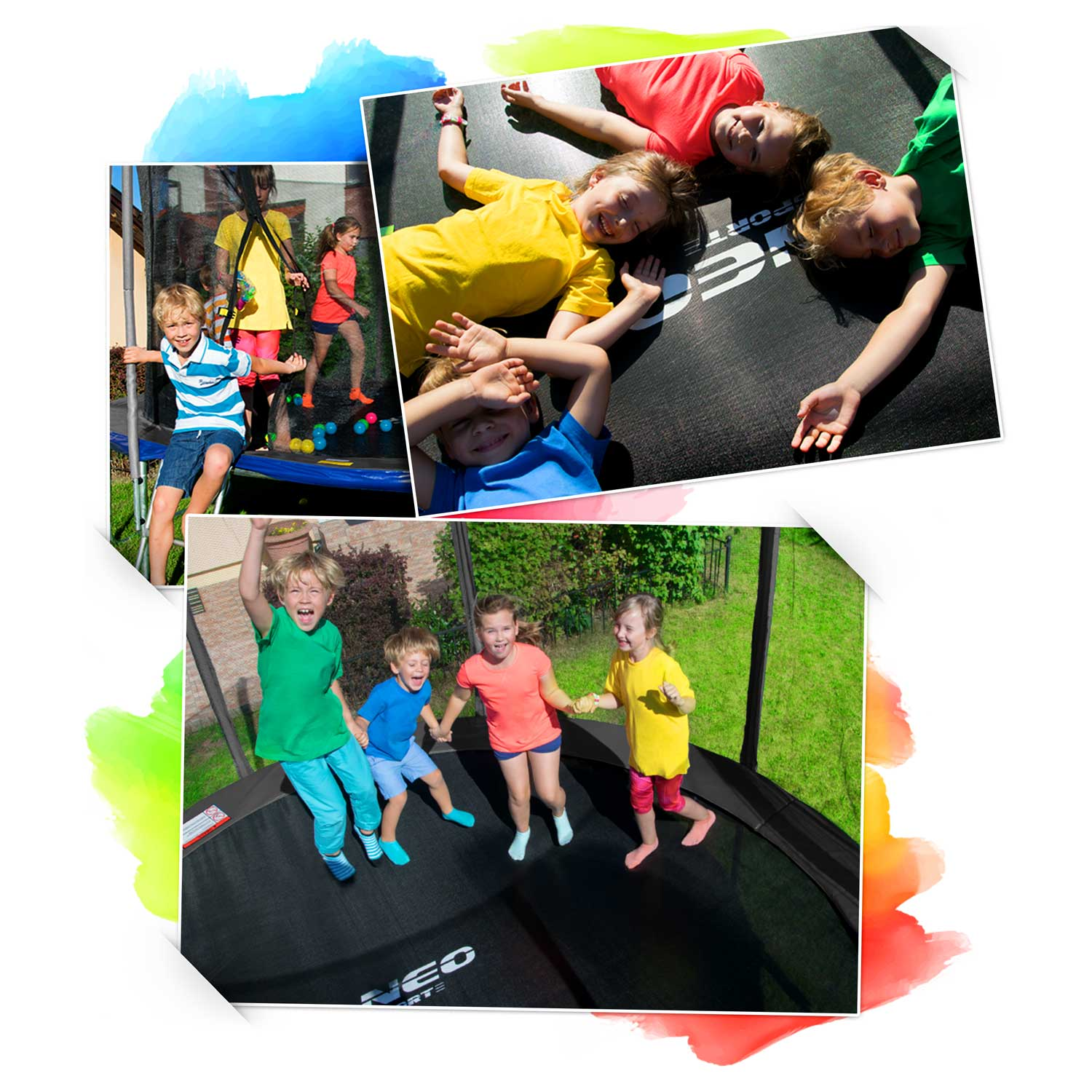 Dzieci bawią się na trampolinie. Niektóre skaczą, inne leżą. Kolory: zielony, żółty, niebieski i czerwony. Scena rozgrywa się na zewnątrz w słoneczny dzień.