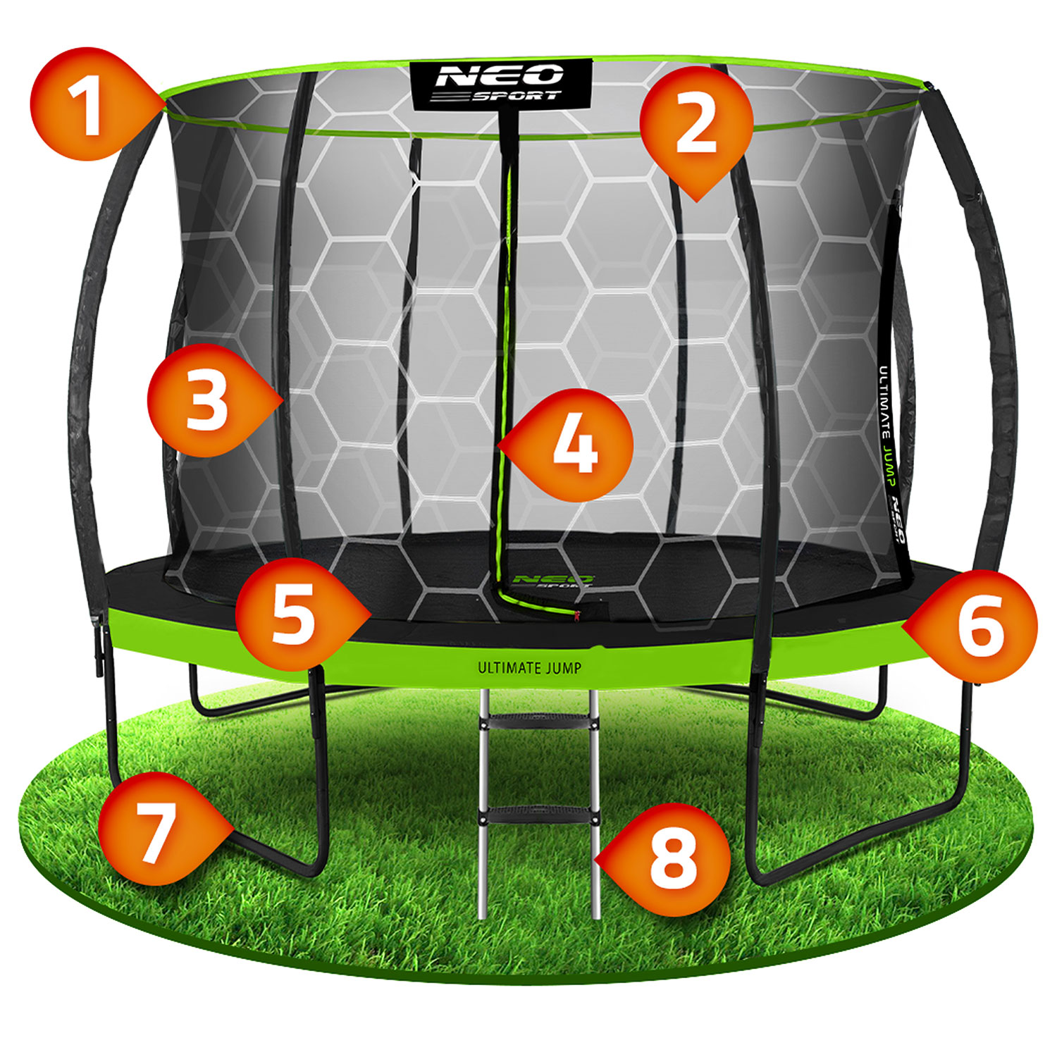 Trampolina z siatką bezpieczeństwa na zielonej trawie. Ma czarną ramę, zielone akcenty i małą drabinę.
