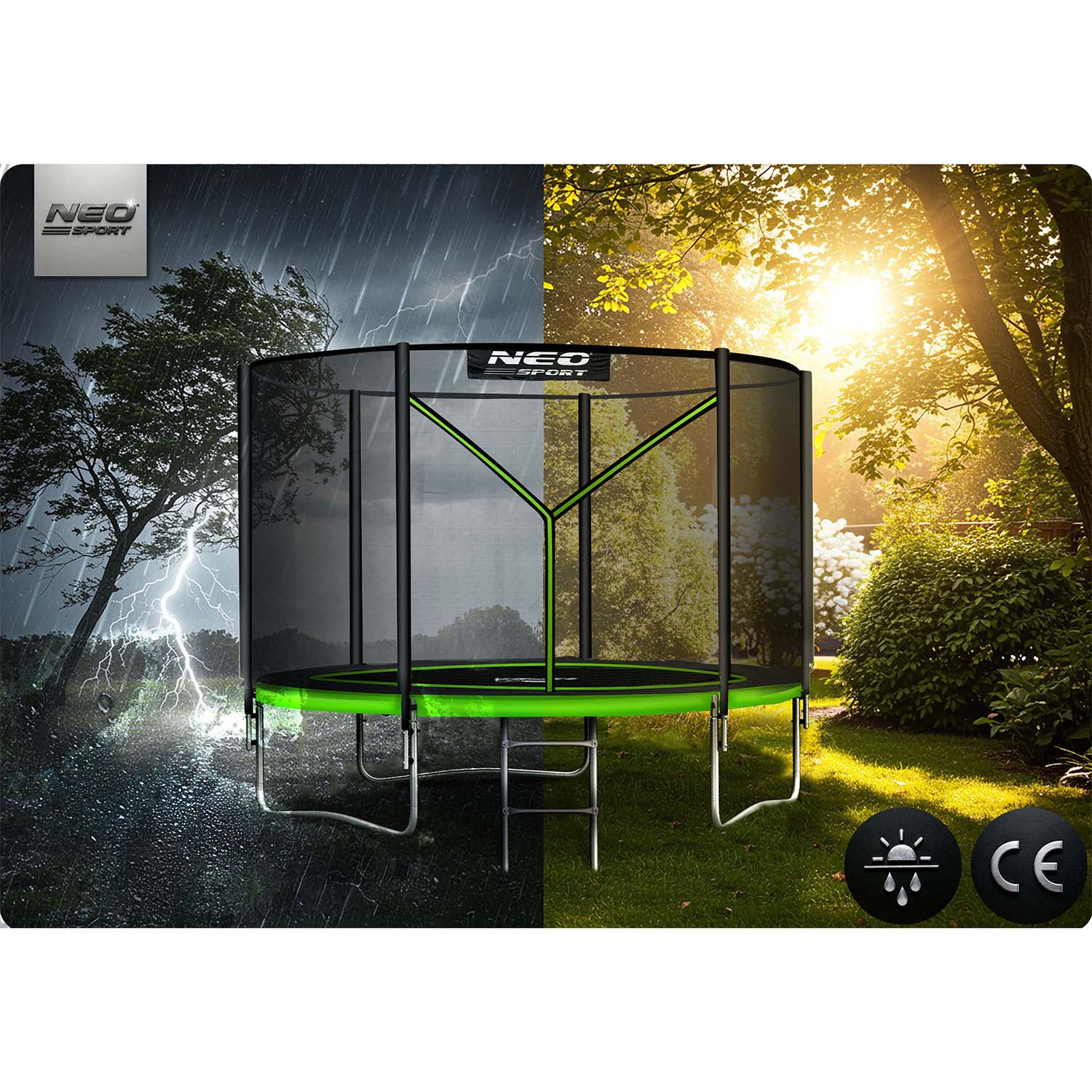 Trampolina z siatką bezpieczeństwa, podzielony obraz. Lewa strona: burza. Prawa strona: słoneczny ogród. Logo marki u góry.