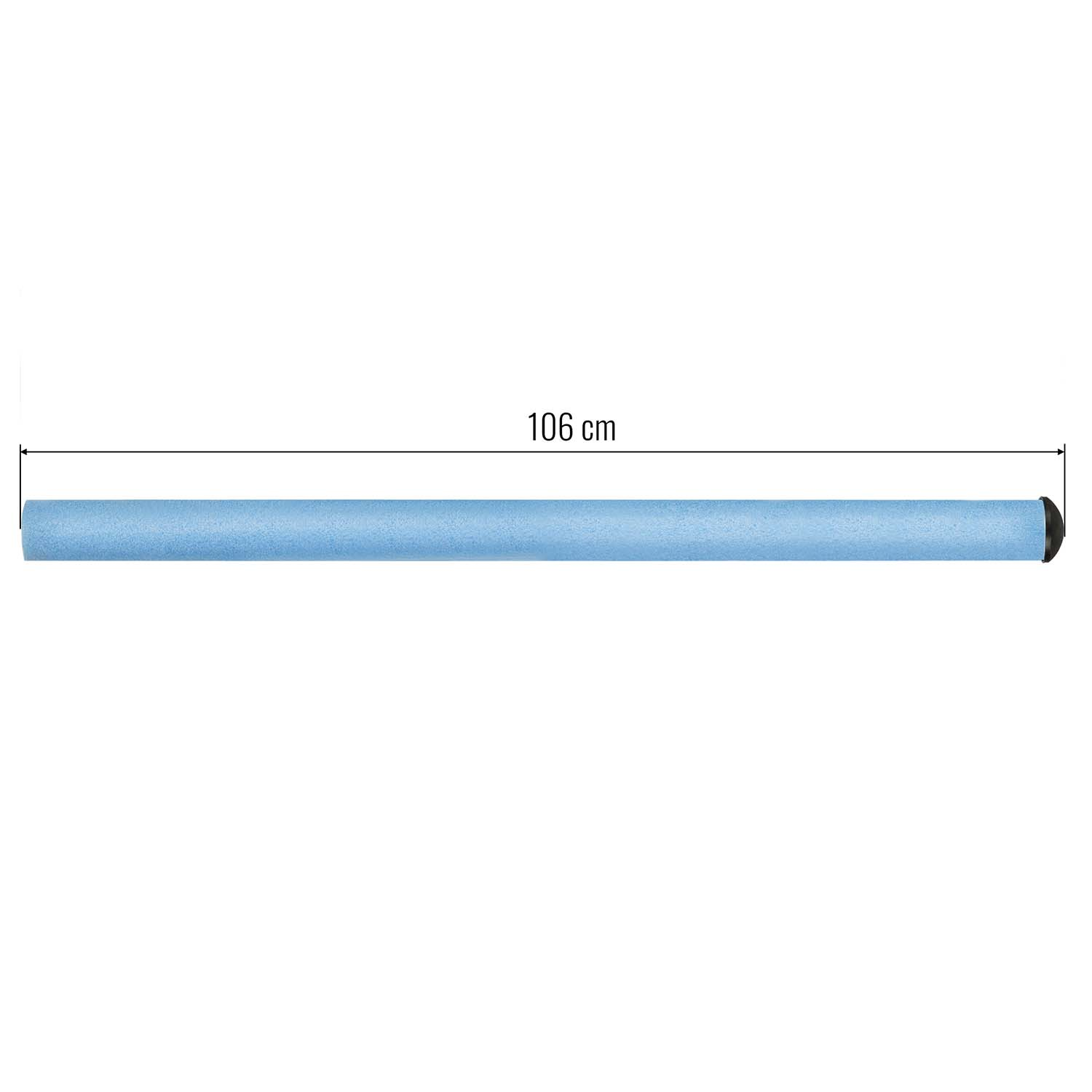 Długi, jasnoniebieski cylinder, oznaczony 106 cm. Jest na białym tle. Koniec ma czarną nasadkę.