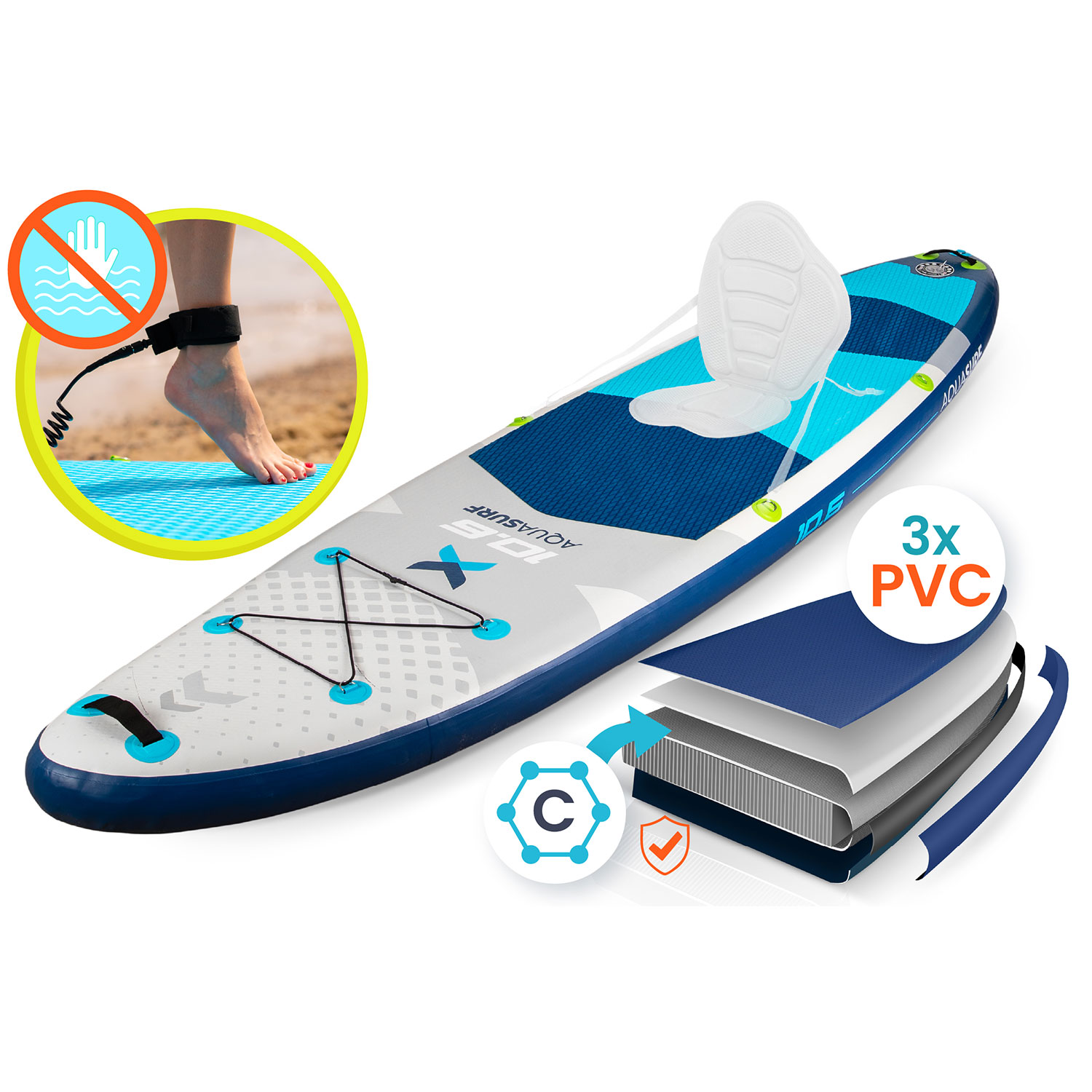 Deska do wiosłowania z linką na nogę, siedzeniem i etykietą 3x PVC. Stopa jest przymocowana do linki, ze znakiem "nie pływać".