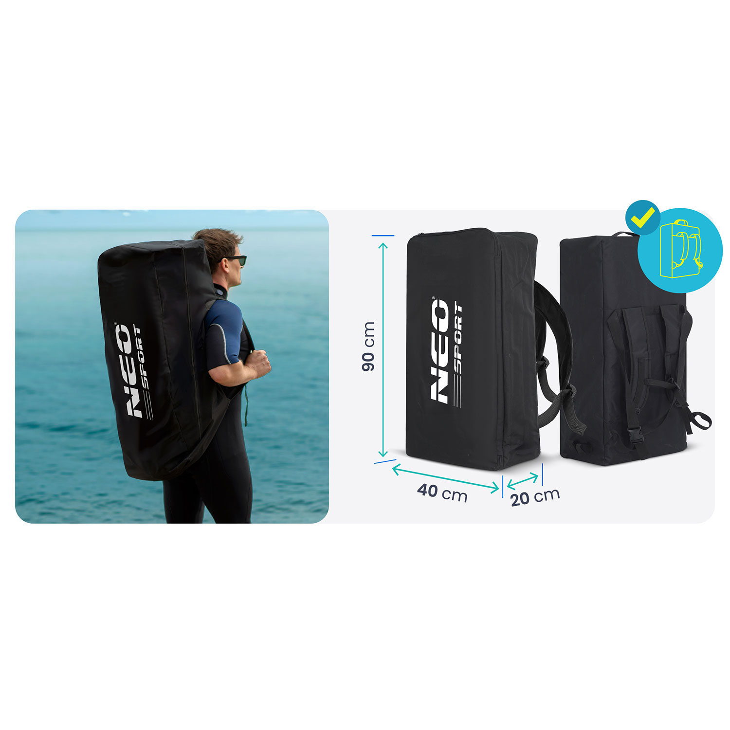 Mężczyzna w piankowym kombinezonie niesie czarną torbę z napisem 'NEO SPORT' na plecach nad morzem. Wymiary torby są pokazane.