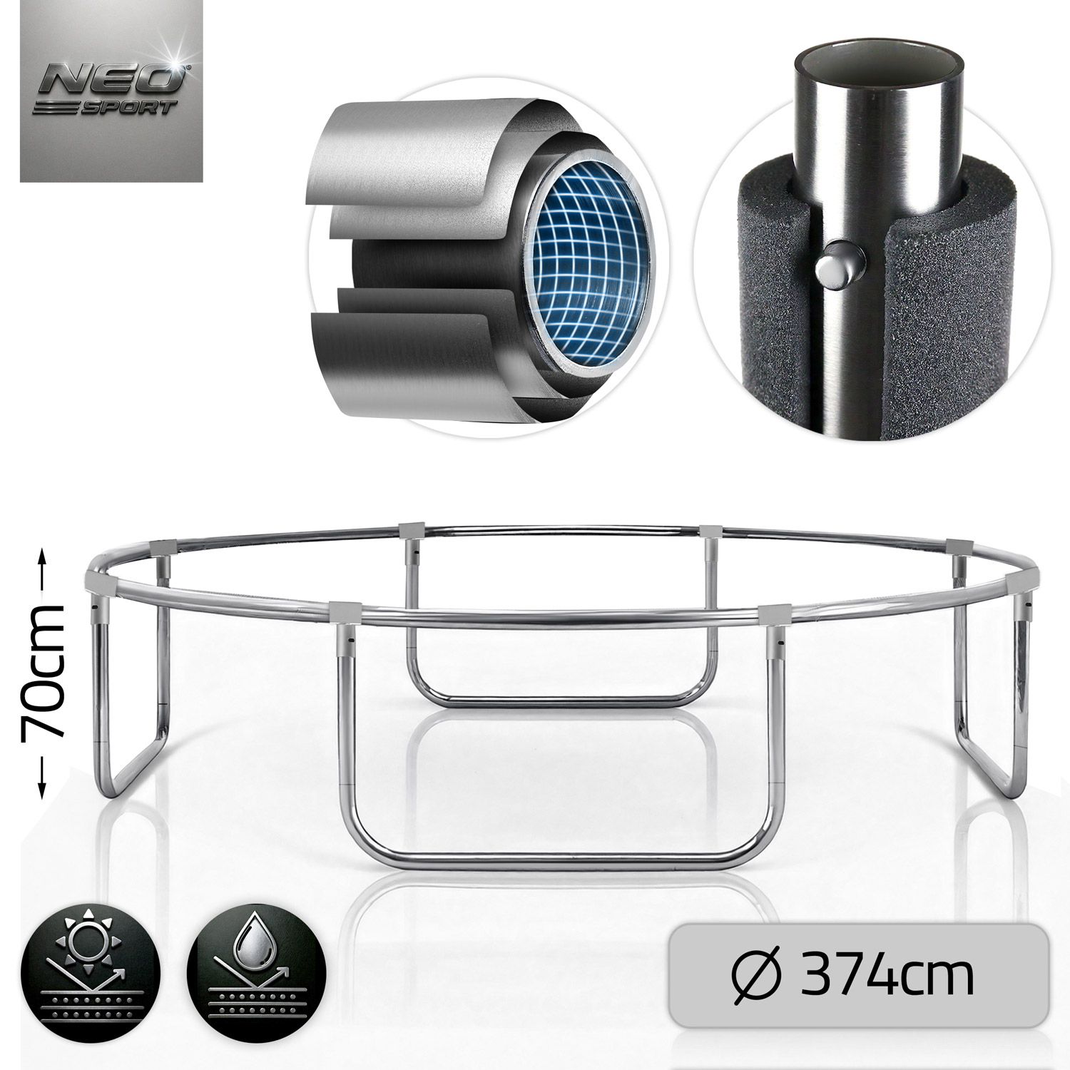 Rama trampoliny. Szczegóły obejmują przekrój materiału, zbliżenie słupa z wyściółką i wymiary: 70 cm wysokości, 374 cm średnicy.