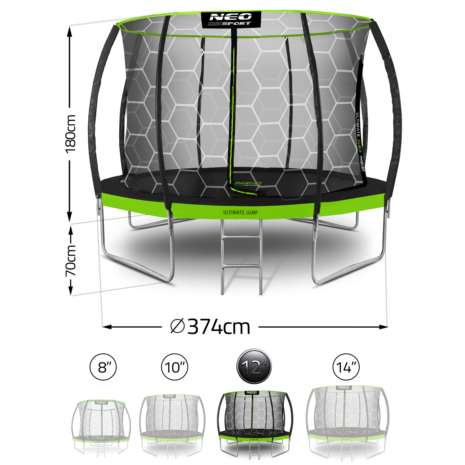 Trampolina z siatką bezpieczeństwa i drabiną. Wymiary: 180 cm wysokości, 374 cm średnicy. Pokazuje 4 rozmiary: 8", 10", 12" i 14".