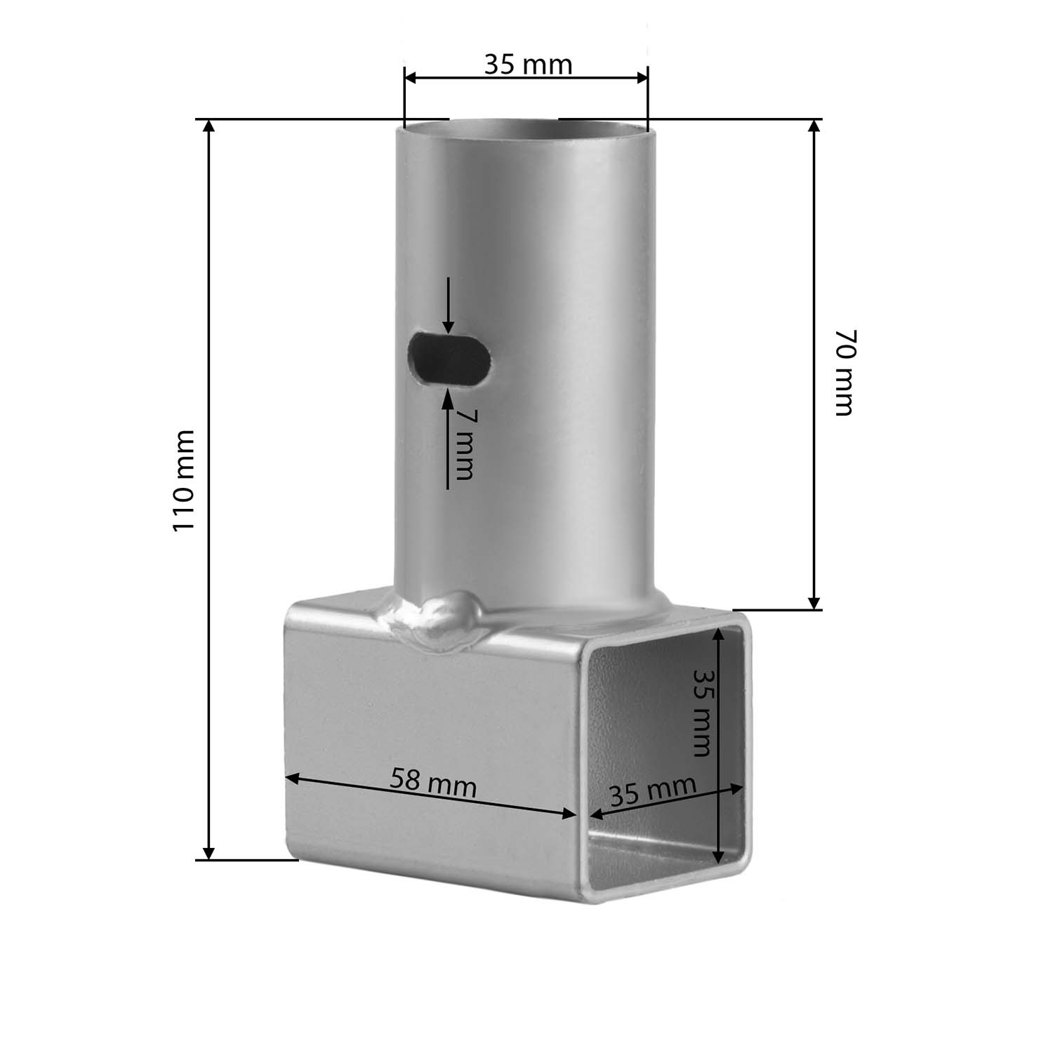 Metalowy adapter z cylindryczną górą i prostokątną podstawą. Wymiary: 35 mm, 7 mm, 58 mm, 35 mm, 110 mm i 70 mm.