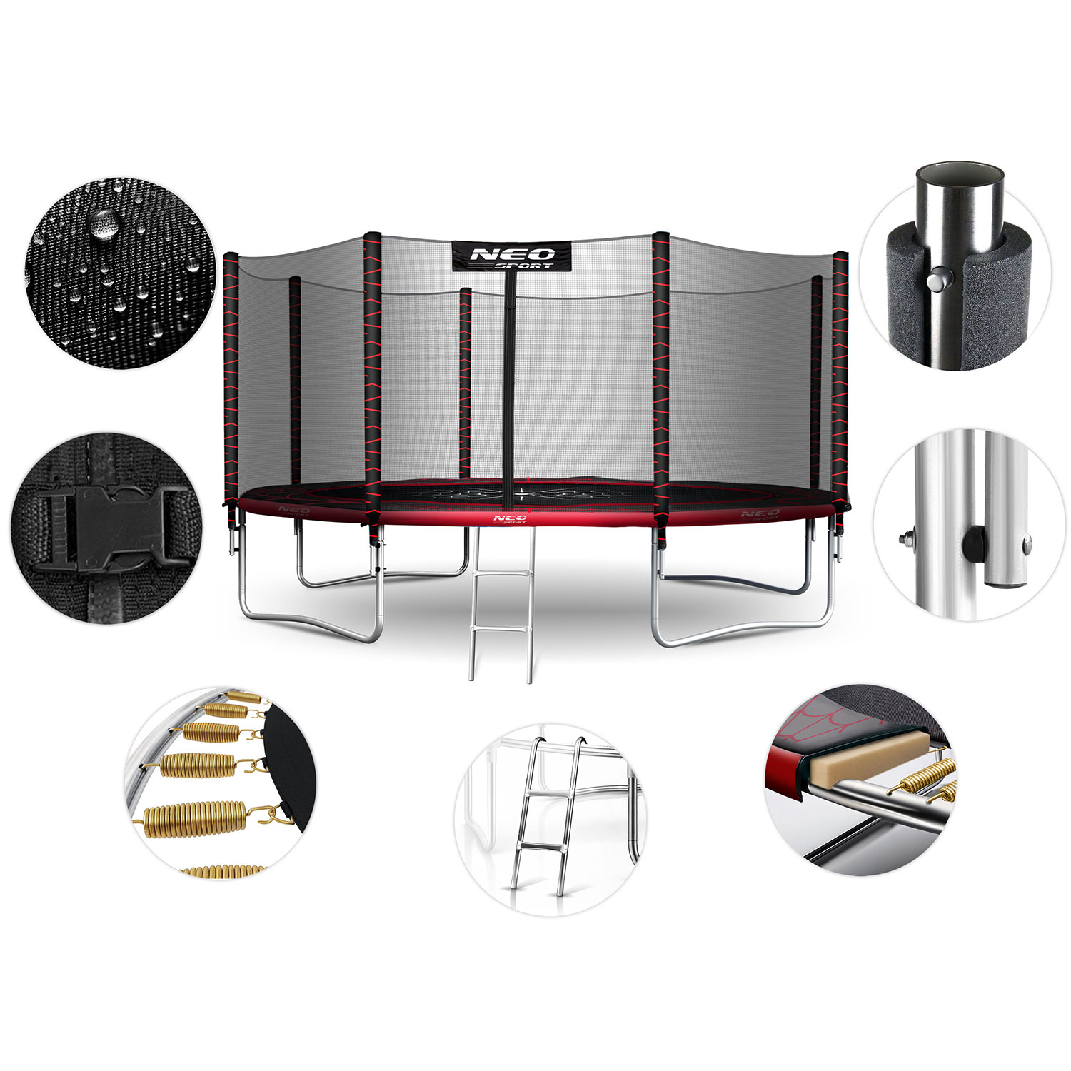Szczegółowy obraz trampoliny, z bliskimi ujęciami części, takich jak sprężyny, rama i siatka. Trampolina jest czerwono-czarna.
