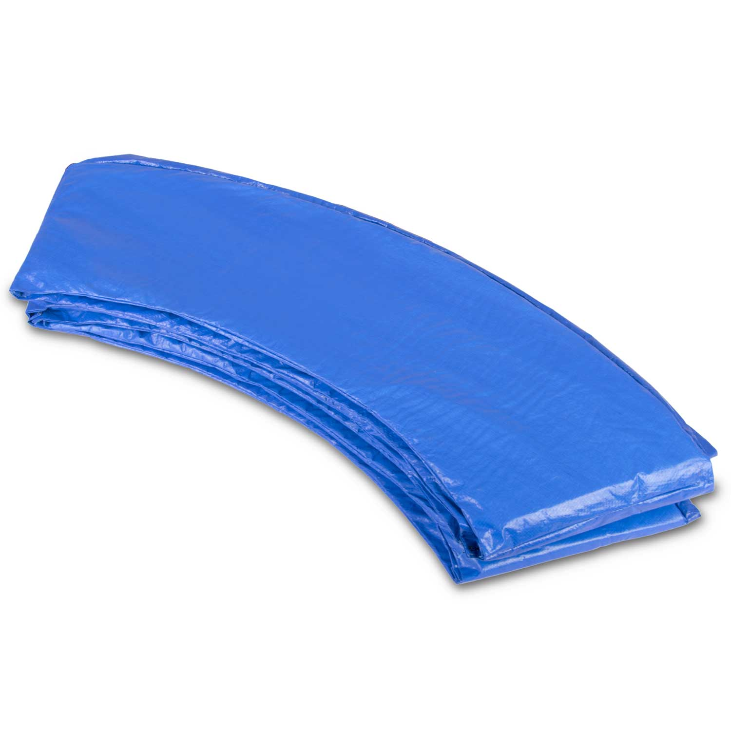 Złożona, niebieska mata do trampoliny leży na białej powierzchni. Mata jest zakrzywiona i ma kilka zagięć.