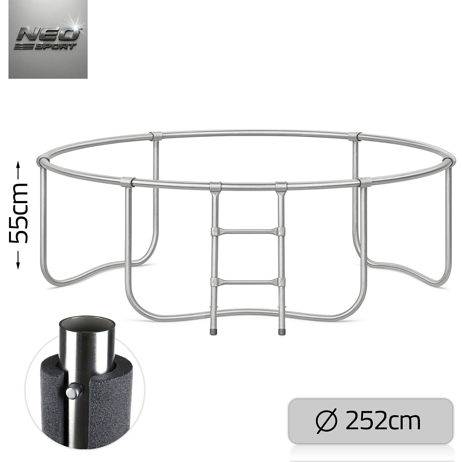 Srebrna metalowa rama basenu z drabiną. Średnica 252 cm. Wysokość 55 cm. Zbliżenie pokazuje czarną piankę wokół metalowej nogi.
