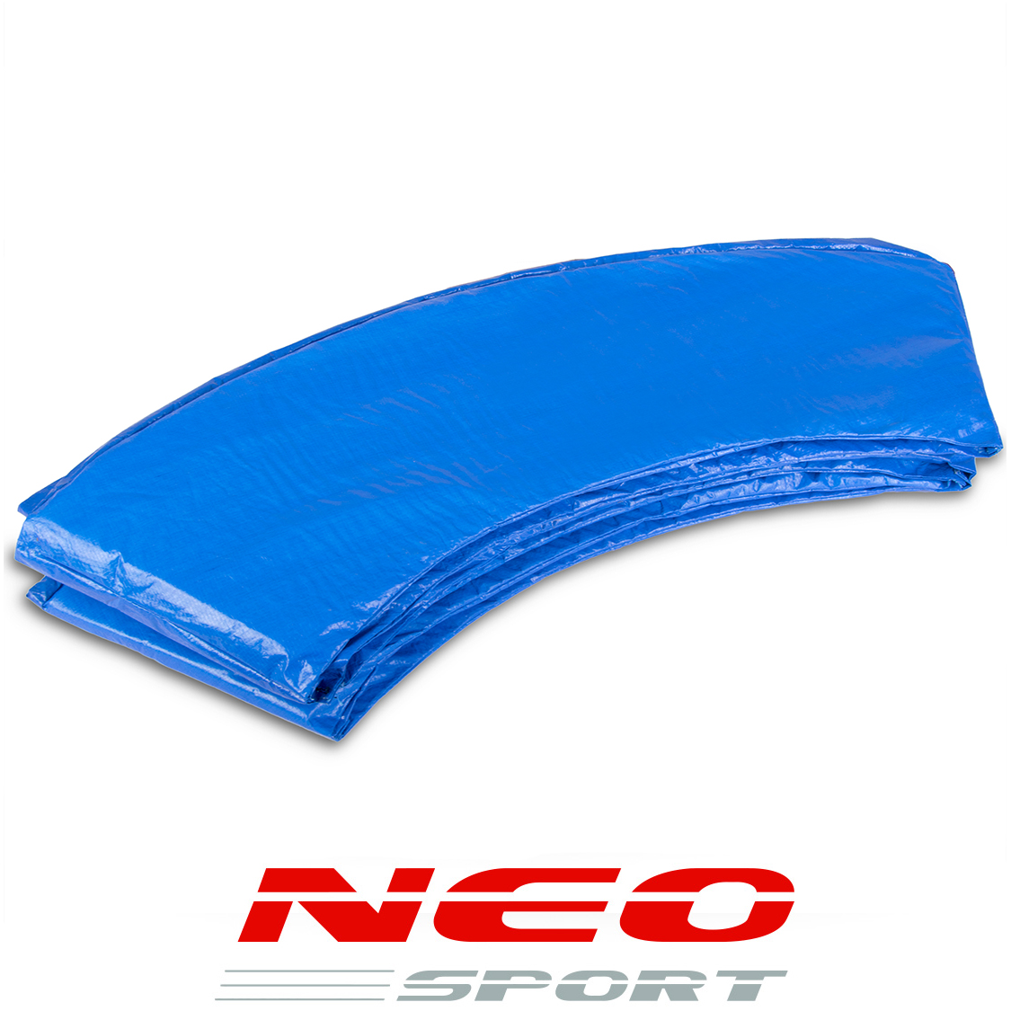 Niebieska mata do trampoliny jest złożona i ułożona w stos, na białym tle. Logo 'NEO SPORT' na dole, w kolorze czerwonym i szarym.
