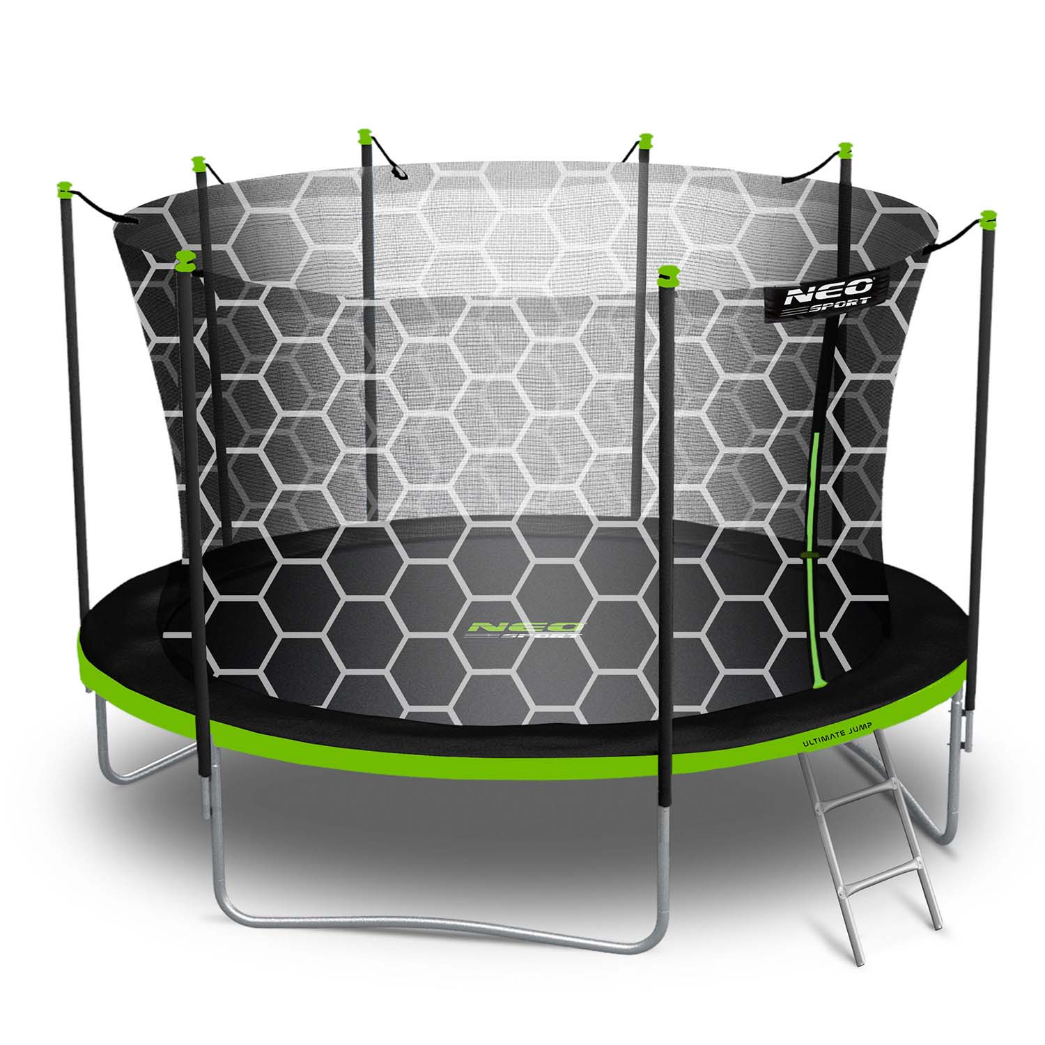 Trampolina w czerni i zieleni. Posiada siatkę ochronną z wzorem plastra miodu i małą drabinkę.
