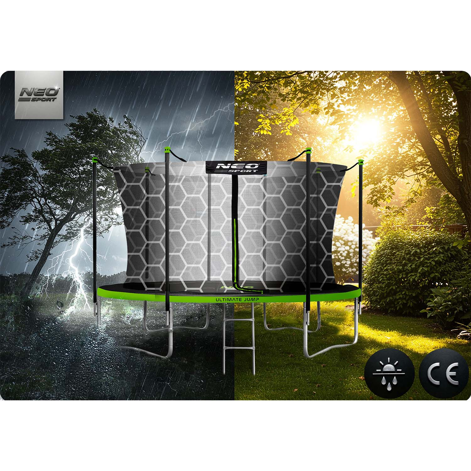 Trampolina z czarno-zieloną ramą, podzielony ekran pokazujący burzliwą pogodę i słoneczny ogród. Logo mówi NEO SPORT ULTIMATE JUMP.