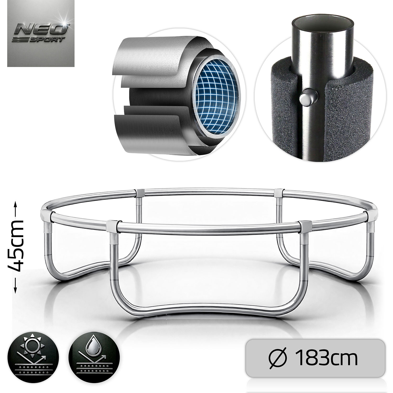 Rama trampoliny ze szczegółami materiałów i wymiarów. Wyświetla wysokość i średnicę. Widoczne logo Neo Sport.
