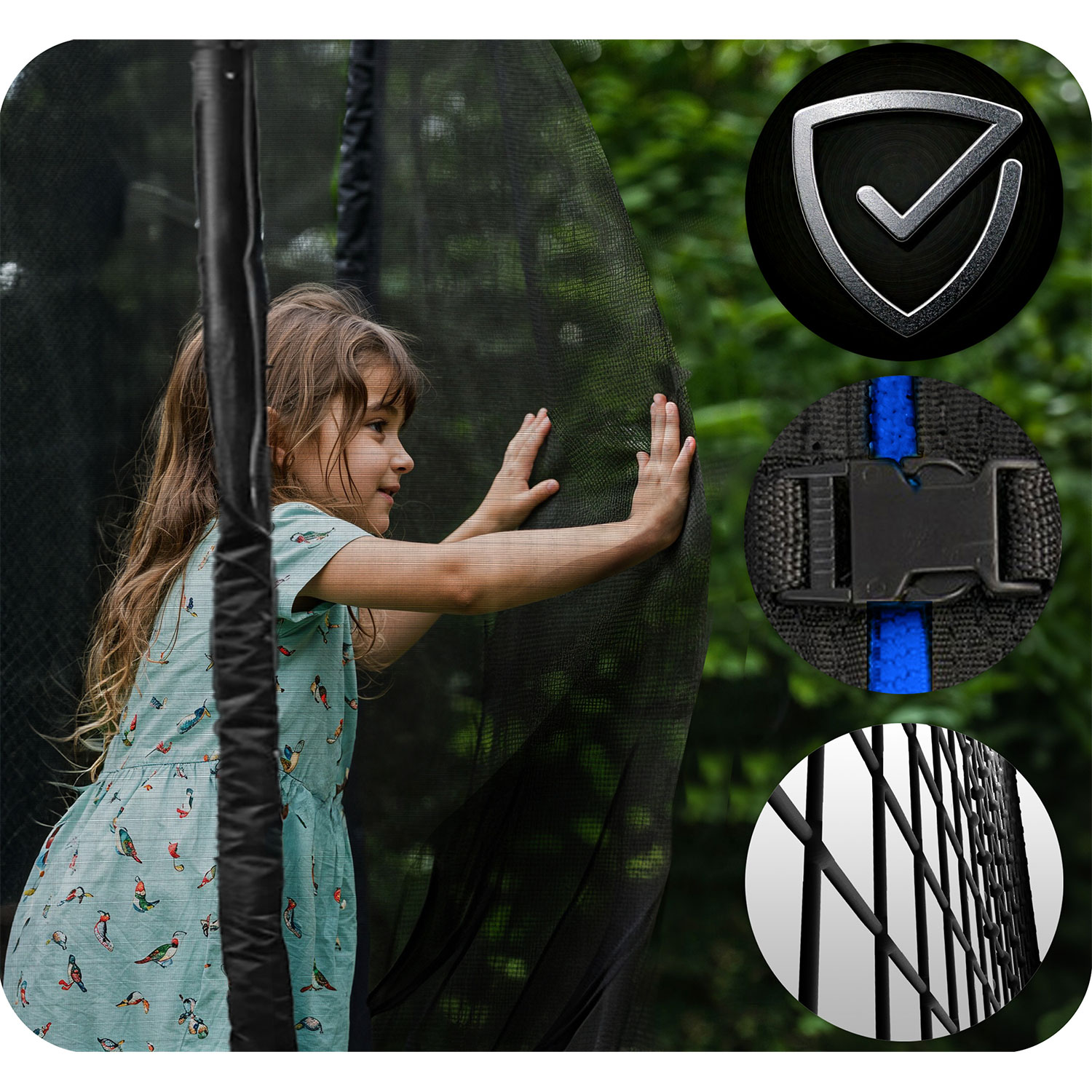 Dziewczynka dotyka siatki trampoliny. Szczegóły to tarcza bezpieczeństwa, klamra z niebieskimi akcentami i rama trampoliny.