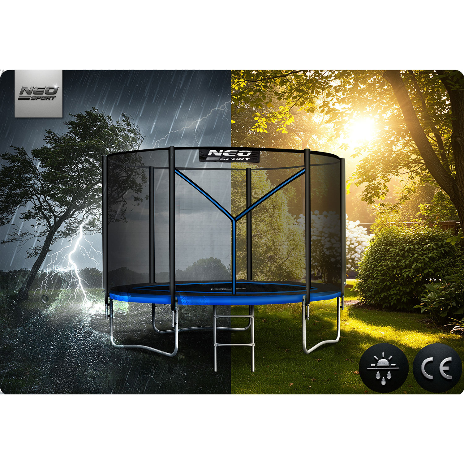 Podzielony ekran trampoliny: Burzliwa pogoda vs. słoneczny ogród. Zawiera logo marki, symbole pogody i znak CE.