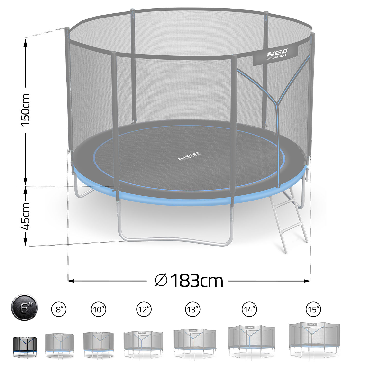 Trampolina z siatką zabezpieczającą. Ma niebieską ramę i czarną powierzchnię do skakania. Wymiary: średnica 183cm, wysokość 150cm.
