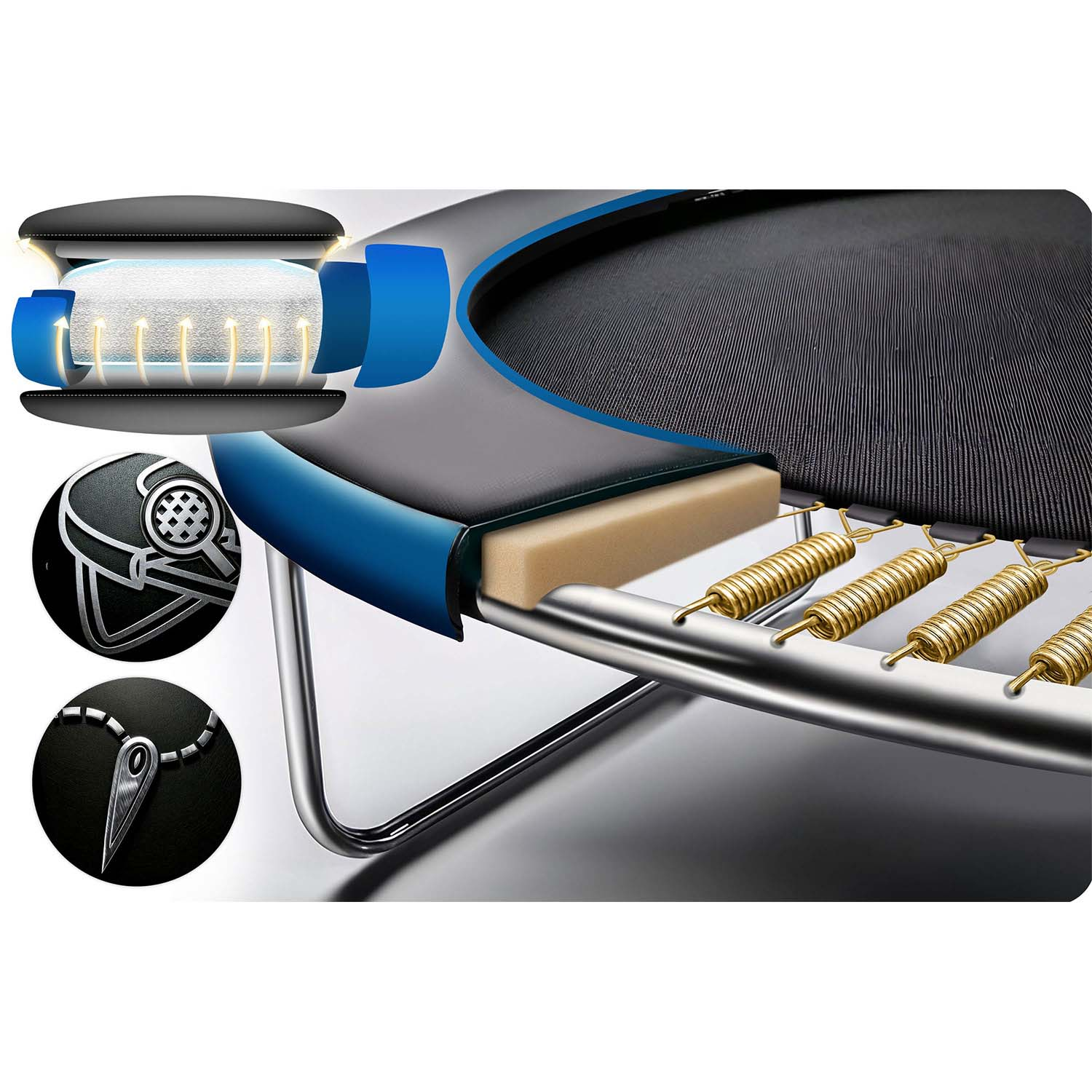 Przekrój trampoliny pokazujący warstwy, sprężyny i ramę. Szczegół pianki, czarnej powierzchni i metalowych sprężyn.