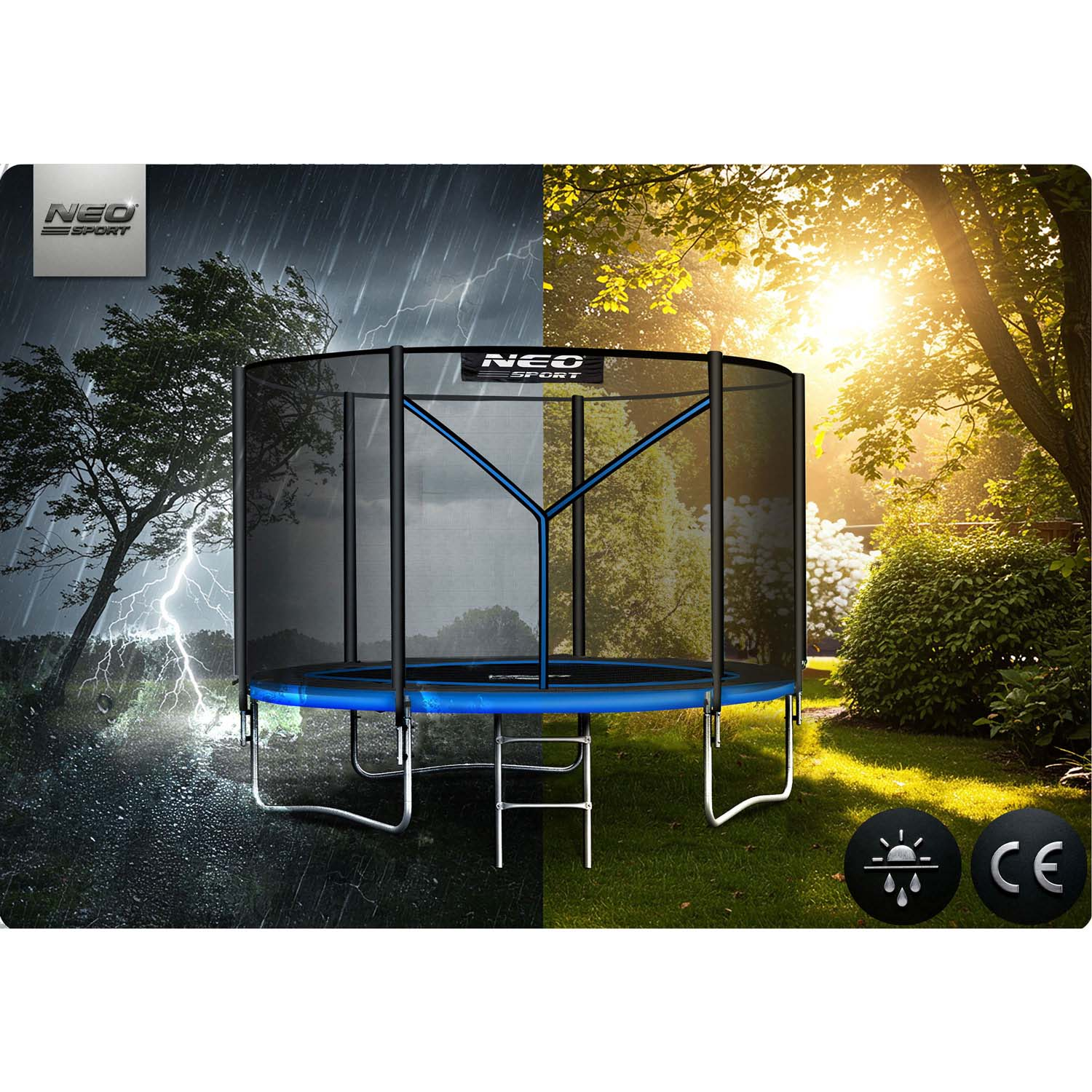 Trampolina z niebieską ramą, podzielona na deszczową, burzliwą scenę i słoneczny ogród. Widoczne logo NEO Sport.