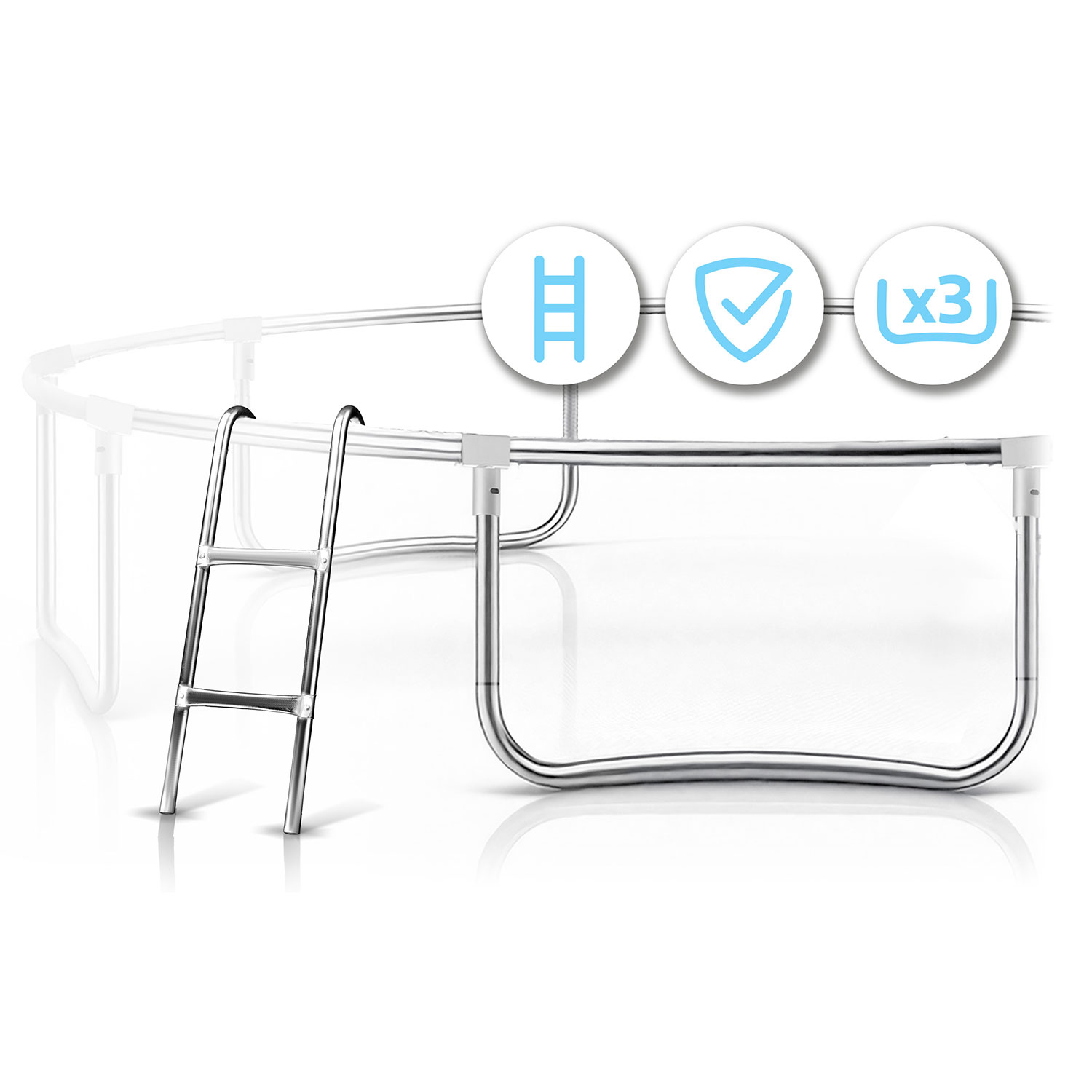 Trampolina z drabiną i siatką zabezpieczającą. Trzy ikony pokazują: drabinę, znak wyboru i liczbę 3. Białe tło.