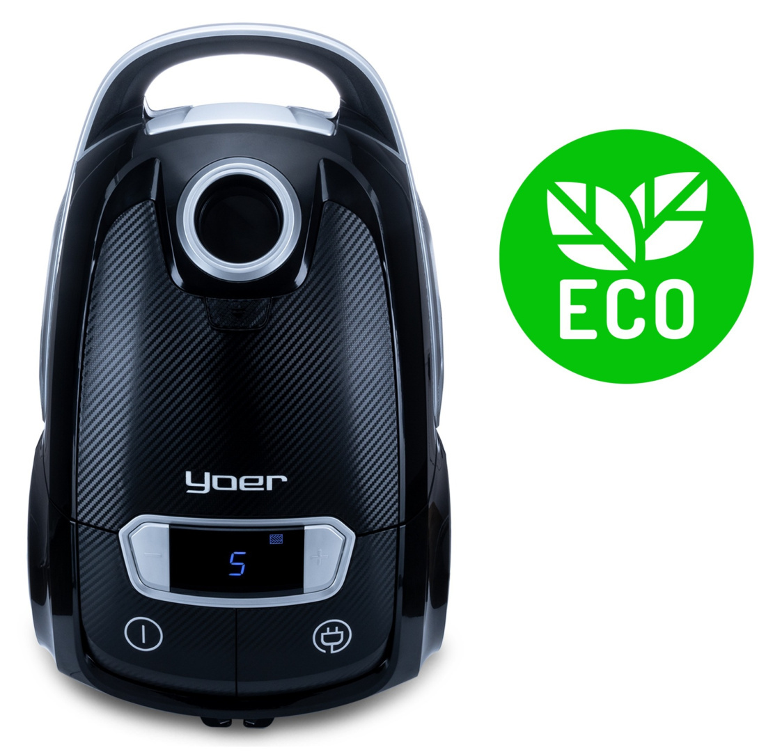 Czarny odkurzacz z cyfrowym wyświetlaczem '5'. Symbol eco po prawej. Marka 'Yoer'.