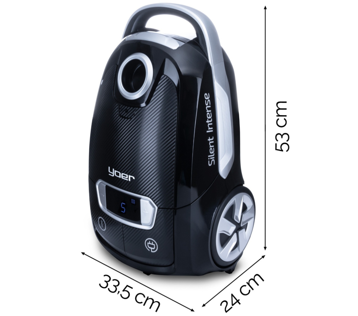 Czarny odkurzacz ze srebrnym uchwytem i kołami, z napisem 'Silent Intense'. Wymiary: 53 cm wysokości, 33,5 cm szerokości, 24 cm głębokości.