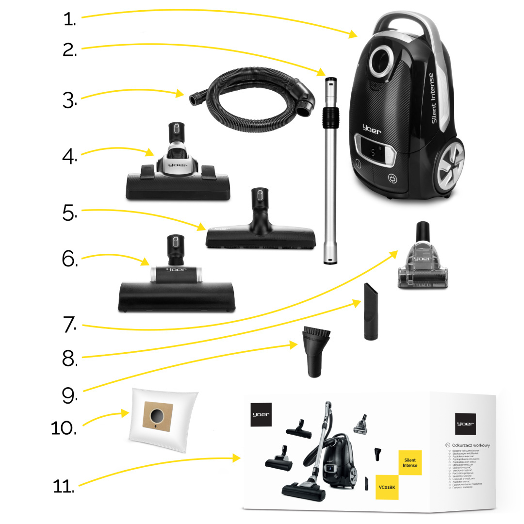 Czarny odkurzacz Yoer z osprzętem, w tym szczotkami i workiem, jest wyświetlany na białej powierzchni. Etykiety wskazują na części.