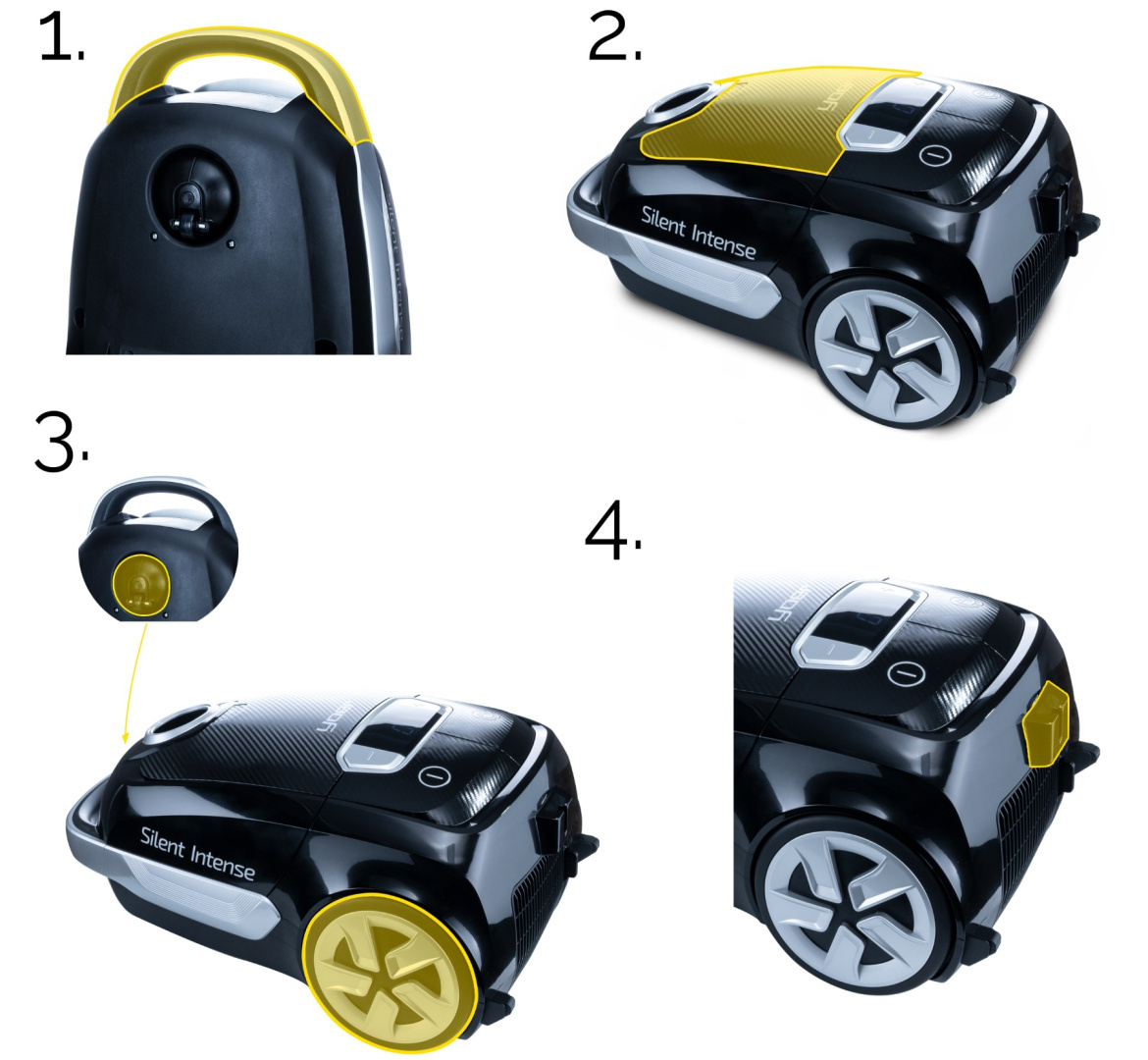 Czarny odkurzacz z żółtymi akcentami. Posiada koła, uchwyt i panel sterowania. Widoczny napis "Silent Intense".