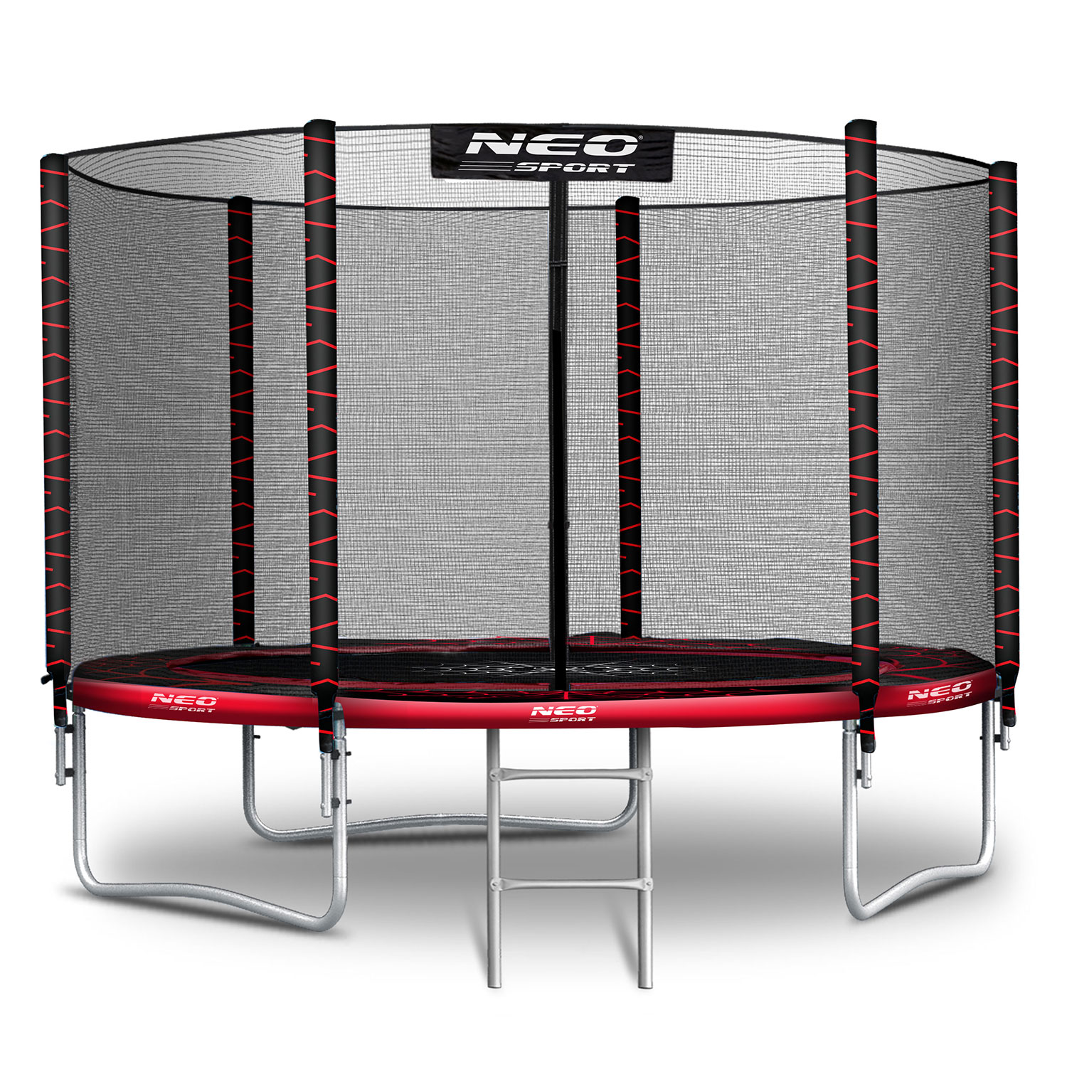 Trampolina z czarną siatką i ramą, czerwonymi akcentami i srebrną drabiną. Marka to 'NEO SPORT'.