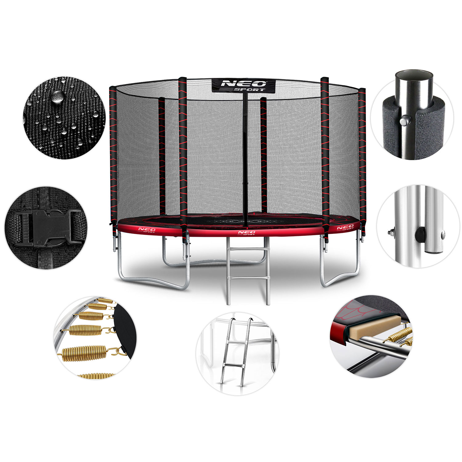 Okrągła trampolina z siatką zabezpieczającą. Ma czerwone i czarne detale, metalową ramę i małą drabinę. Wyświetlane są różne zbliżenia.