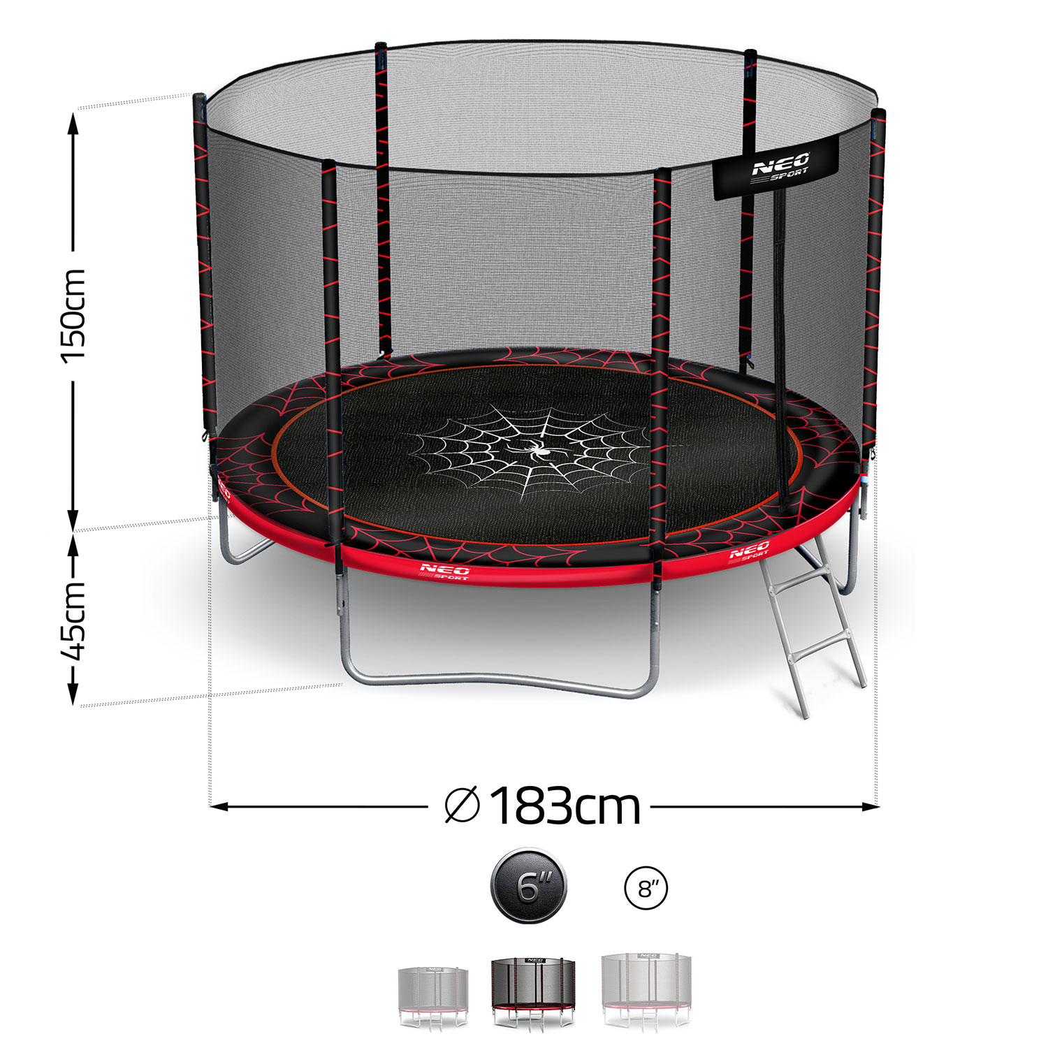 Czerwona i czarna trampolina z siatką zabezpieczającą. Ma wzór pajęczyny na powierzchni do skakania. Wymiary są wyświetlane.
