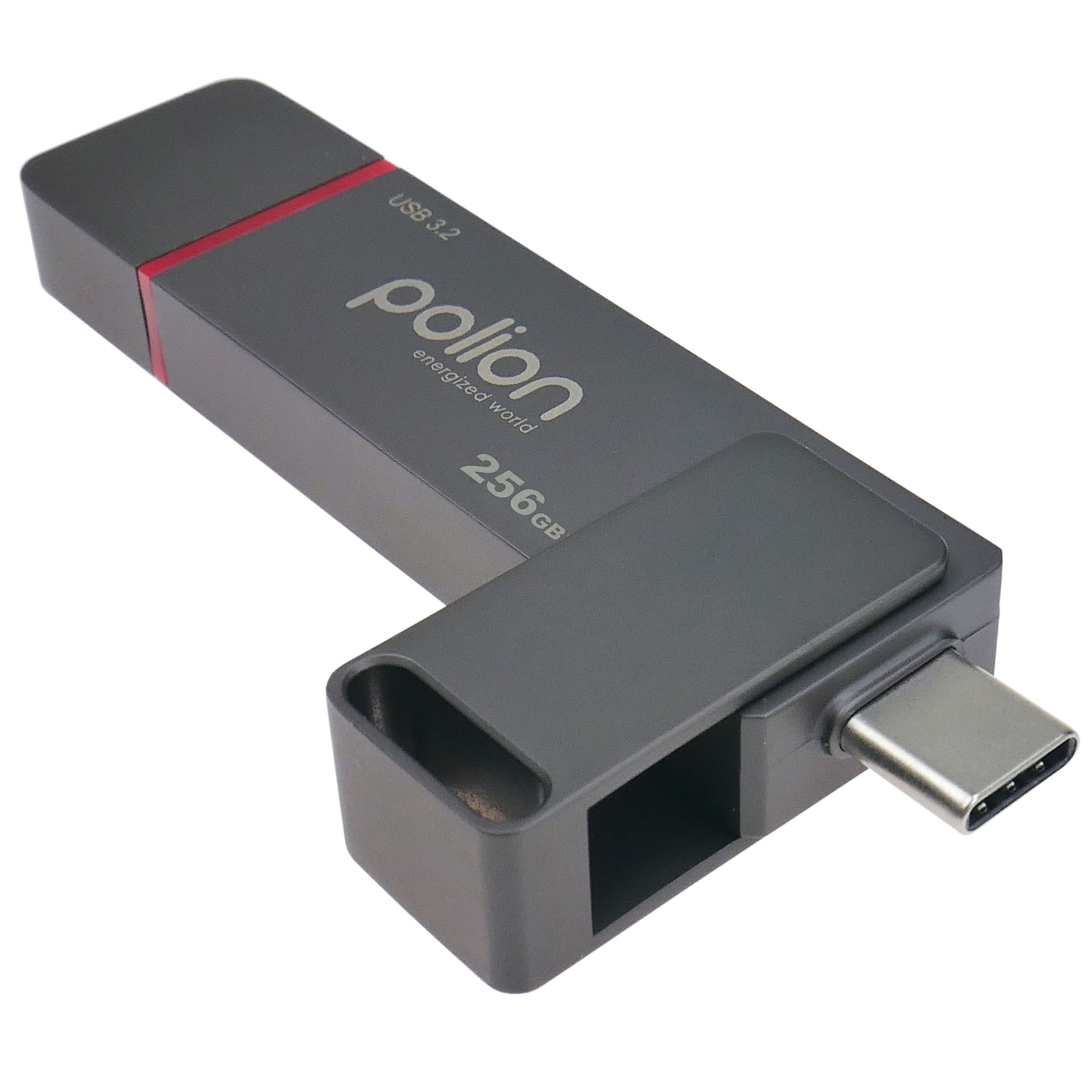 Szary pendrive USB z złączem typu C. Marka to 'polion', pojemność: 256 GB. Czerwony akcent na obudowie.