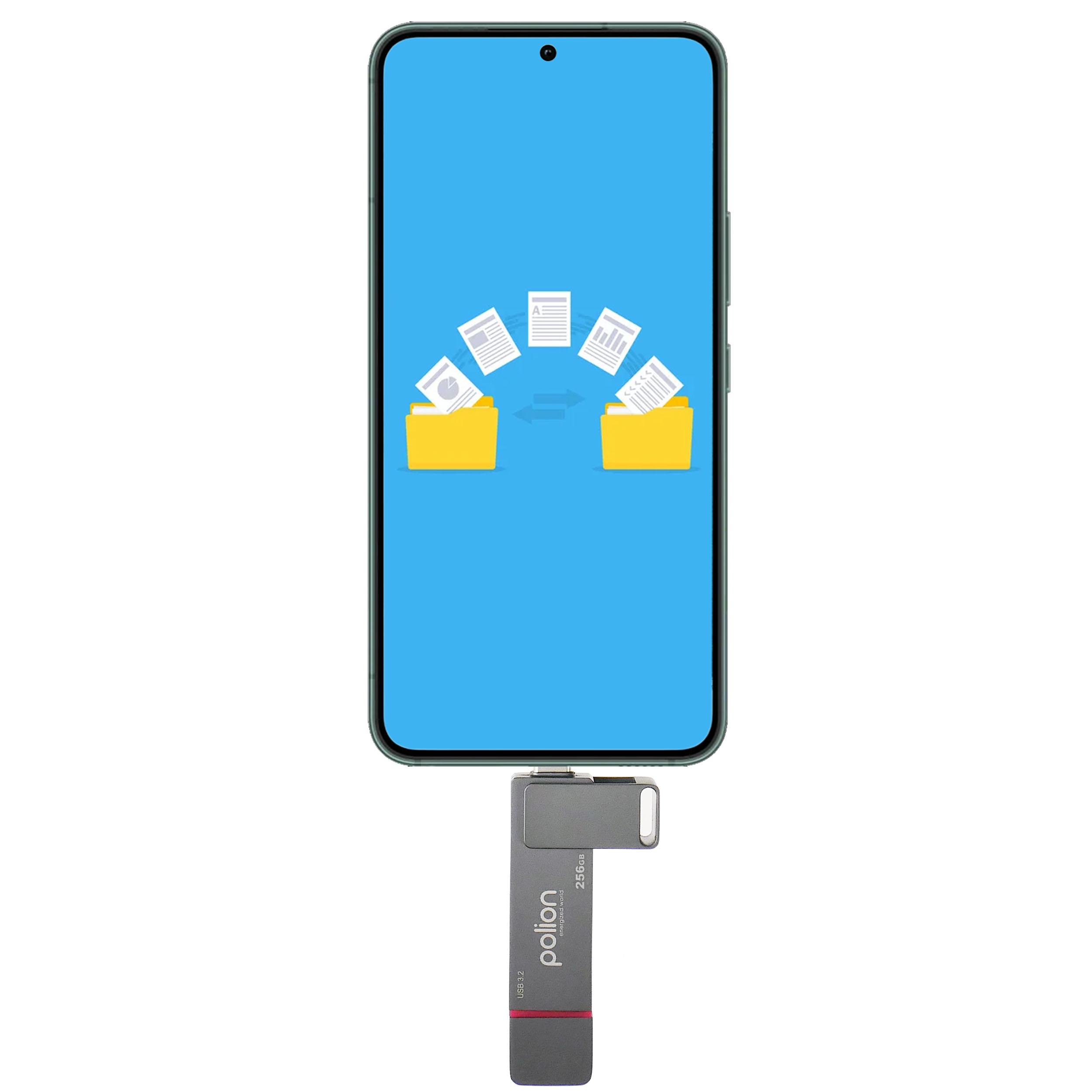 Smartfon pokazuje przesyłanie plików między dwoma folderami. Dysk USB jest podłączony na dole.