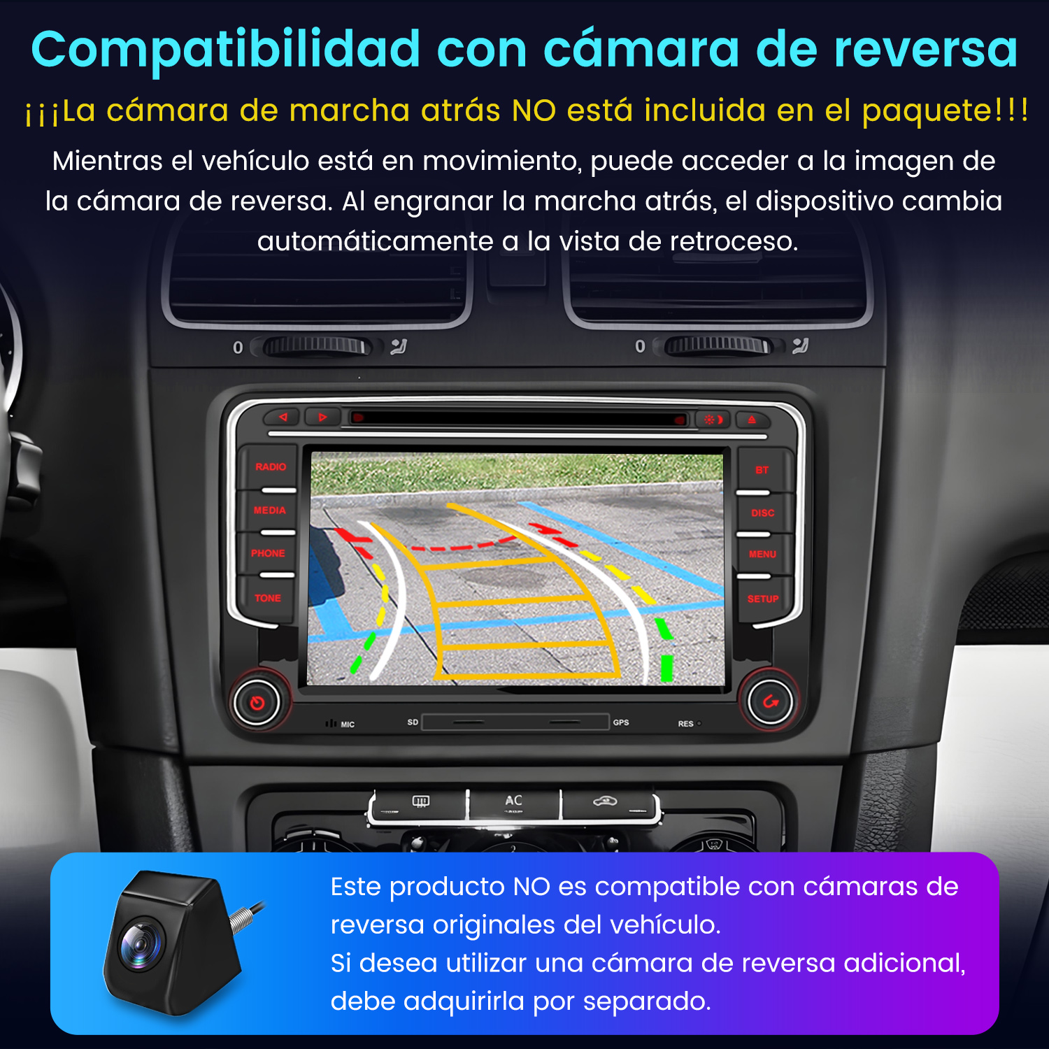 Deska rozdzielcza samochodu z widokiem z kamery cofania. Kamera po lewej stronie. Tekst po hiszpańsku.