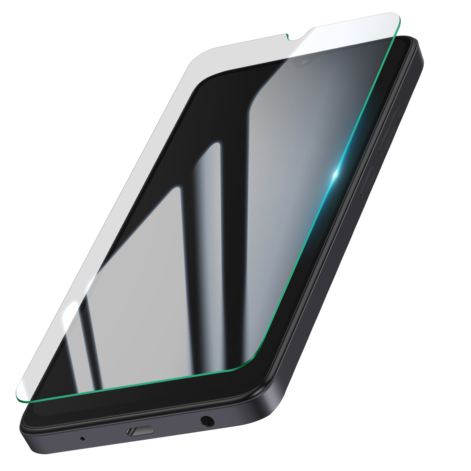Uno smartphone con protezione schermo. Il telefono è nero, la protezione trasparente con bordo verde. Sfondo bianco.