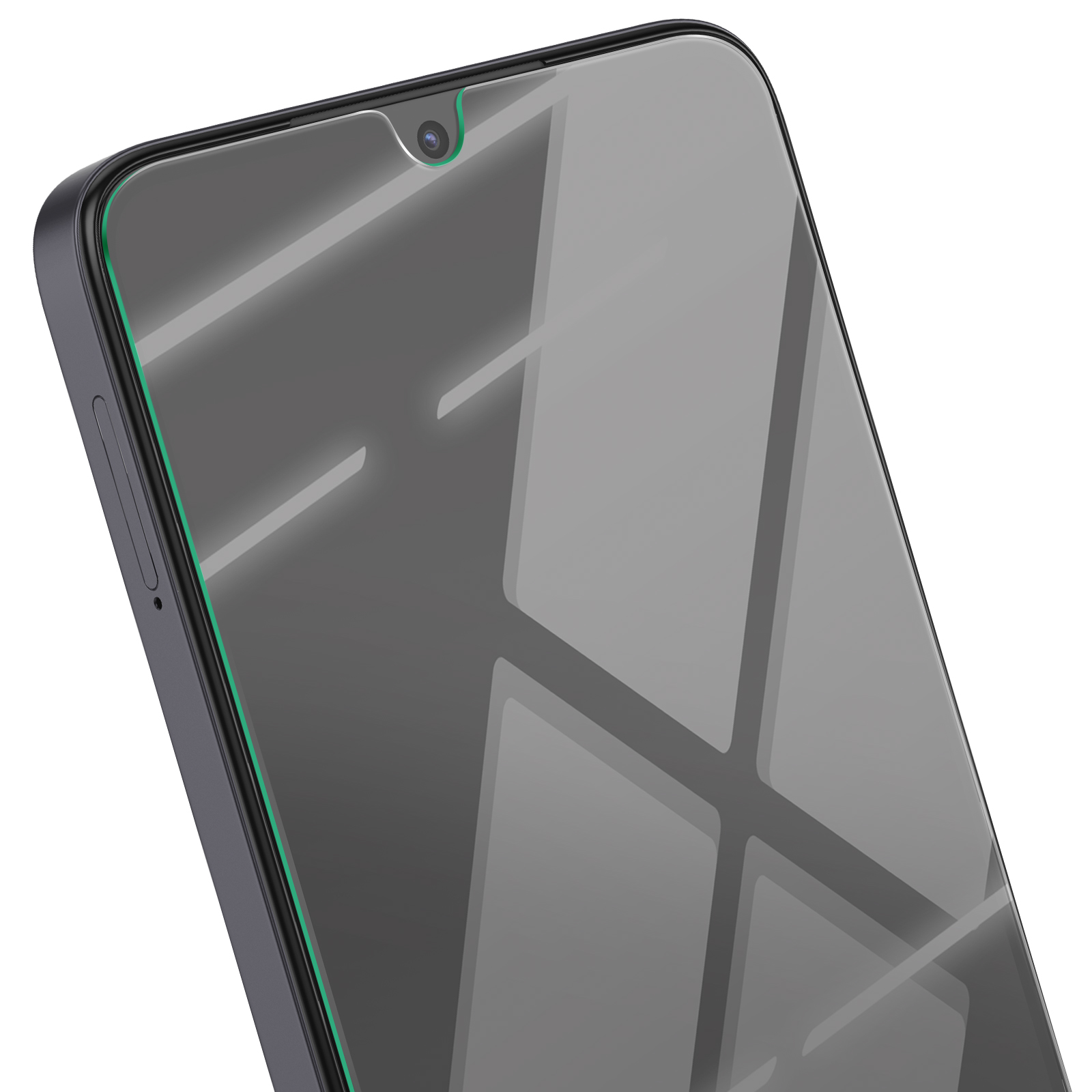 Primo piano di una protezione per schermo di smartphone. Il telefono ha una cornice nera con un bordo verde. Lo schermo riflette la luce.
